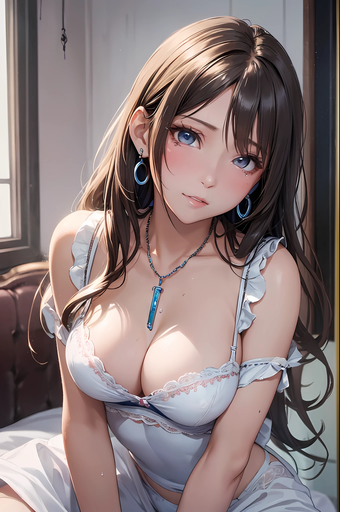 (masutepiece: 1.3), (max resolution: 1.2), (Ultra HDTV: 1.2), cinematric light,  Detailed eyes and skin, detailed facial features, , 8K resolution, (Sharp Focus: 1.2, Perfect Style, Beautiful face, acurate, Anatomically correct, Highly detailed face and skin texture, Detailed eyes, Double eyelids, Thin eyebrows, Glitter Eyeliner: 1.2, Natural cheeks, Glossy skin, Fair skin: 1.2, shiny little necklace and earrings, (Glossy lips: 1.4), (maid clothes:1.2)、 (Shy look: 1.2), 25 years old, Neat and clean woman 、a blond,Wavy Hair、 Semi-long hair, (Focus on Face:1.2), ((large full breasts)), (upturned breasts), (at bedroom: 1.2)), (She is sitting on the bed：1.2.)), Highly detailed facial and skin texture, Detailed eyes, Double eyelids, Natural cheeks, Green-gray eyes,Rosary Necklace、  shiny small earrings, shiny lips: 1.4,Exposed cleavage、（A large amount of sperm in the chest:1.4）（Large amount of sperm in the thighs:1.2）、red blush、Tears are embarrassing、White underwear、White bra、Open knees、open one's legs、Masturbation behavior、Disheveled clothes、Dressing、Exposed panties、Wearing sweat、sodden、Sheer underwear、Maids、humiliated、impatience、dismay、Frightened、glares、blue eyes、Full-body angle of view、from the front side、red blush、