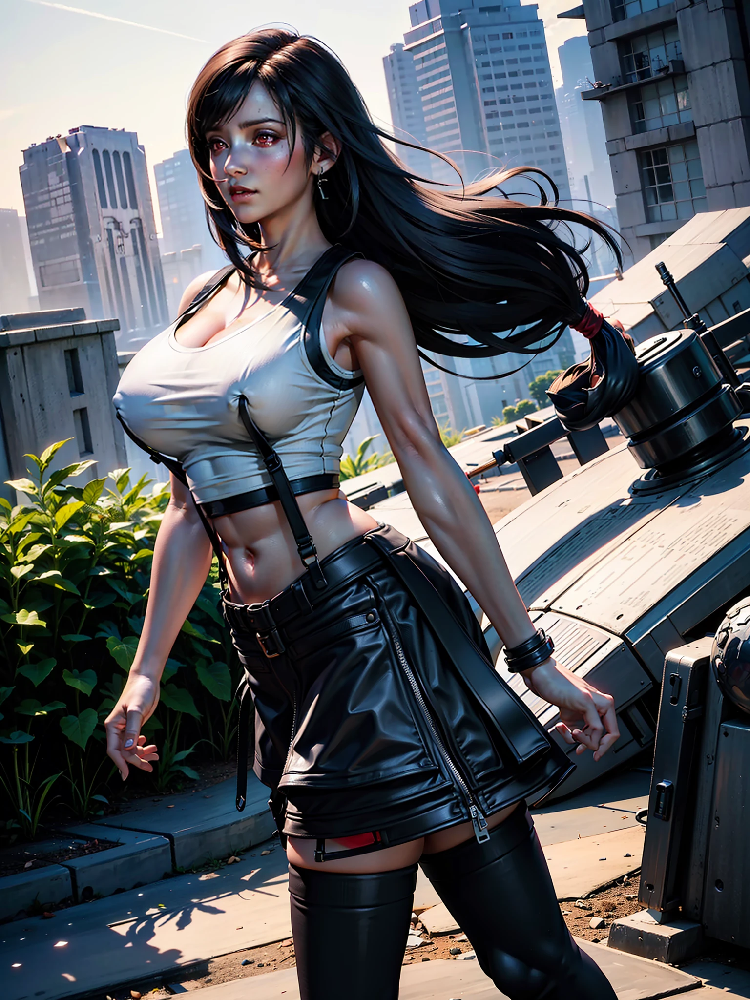 official art, unity 8k wallpaper, ultra detailed, beautiful and aesthetic, masterpiece, best quality, 1girl, extremely detailed, dynamic angle, cowboyshot, elegant, vivid colours, romanticism, yoshitaka amano, frank frazetta, atmospheric. Tifa lockhart, long black hair, red eyes, hair bangs, (white tank top:1.5), white top, (black miniskirt:1.4), suspenders, stockings, (huge breasts:1.5), cleavage, in a park, plants, sunshine, bokeh background, (red eyes:1.5)one girl, 1 girl, thin waist, wide hips, exposed abdomen, toned abs, toned arms, close up, see through clothes, semi transparant clothes