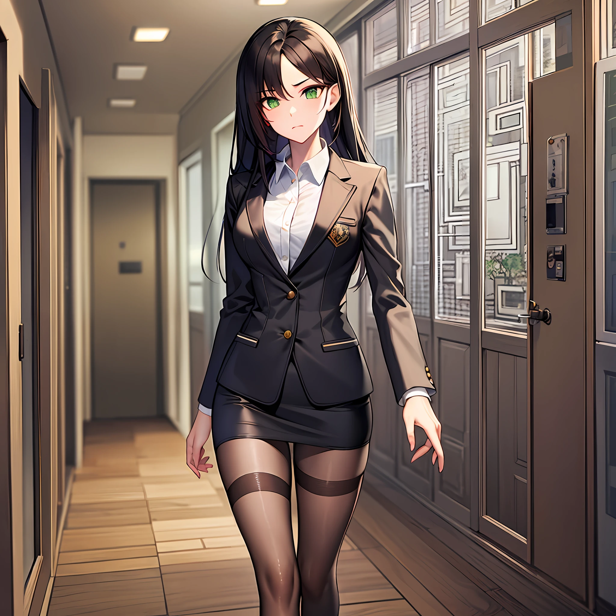 ((tmasterpiece)), Highest image quality, 8K分辨率, female lawyer, Black office clothes,Interior architecture, ((Green eyes)),Run,Walk through the hallway。((Frightened expressions)), style of anime,Stockings Beautiful legs,Highly detailed skin,Precise dissection,Detailed textures, best ratio four finger one thumb,((Thin stature)),Loose clothing,Award-Awarded, Best material,Button,。