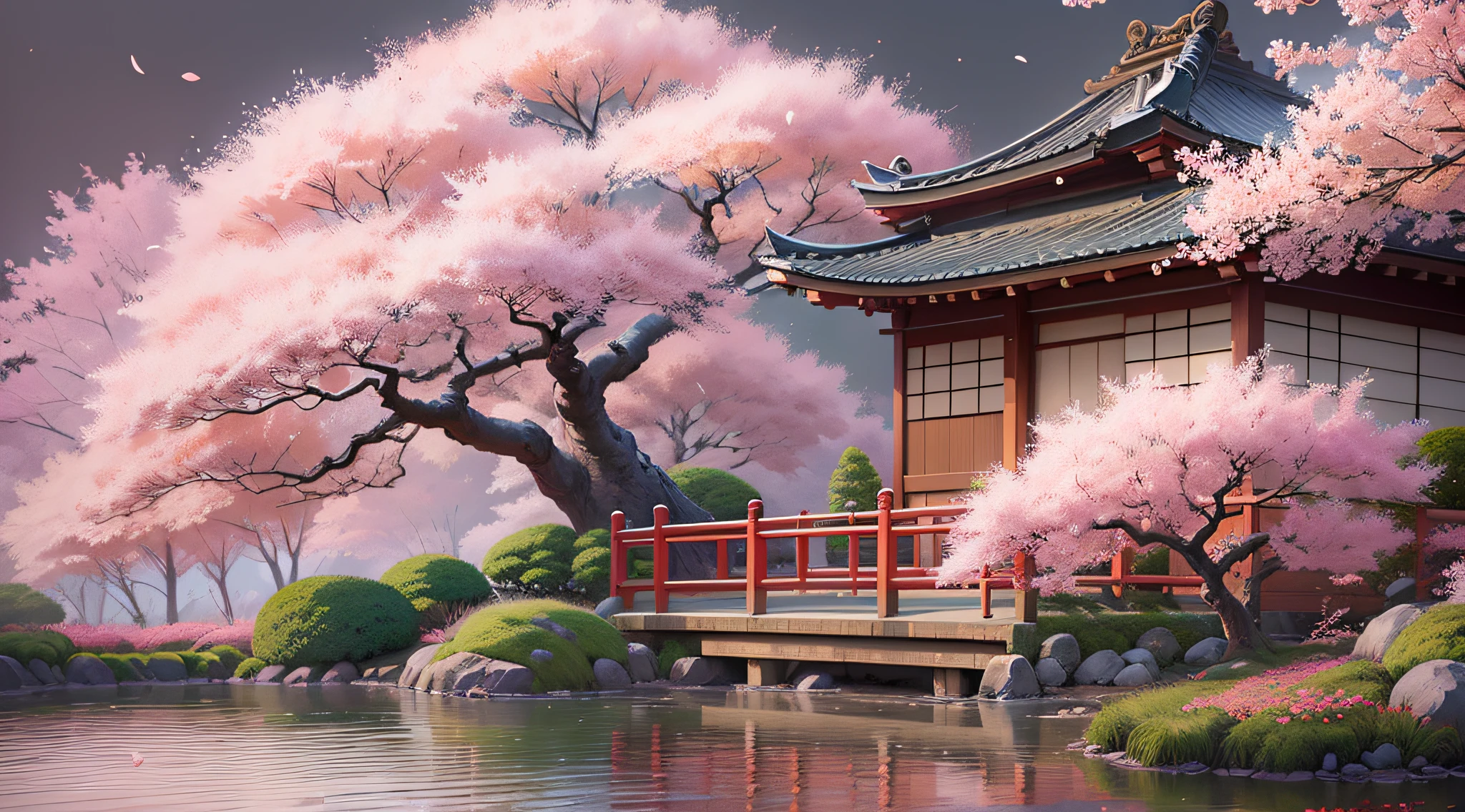 (digitial painting),(best qualtiy),Peaceful Japanese garden,cherry blossom in full bloom,8K hyper-realism,Pastel color scheme,gentle illumination, prime time, peacefulatmosphere, Transverse