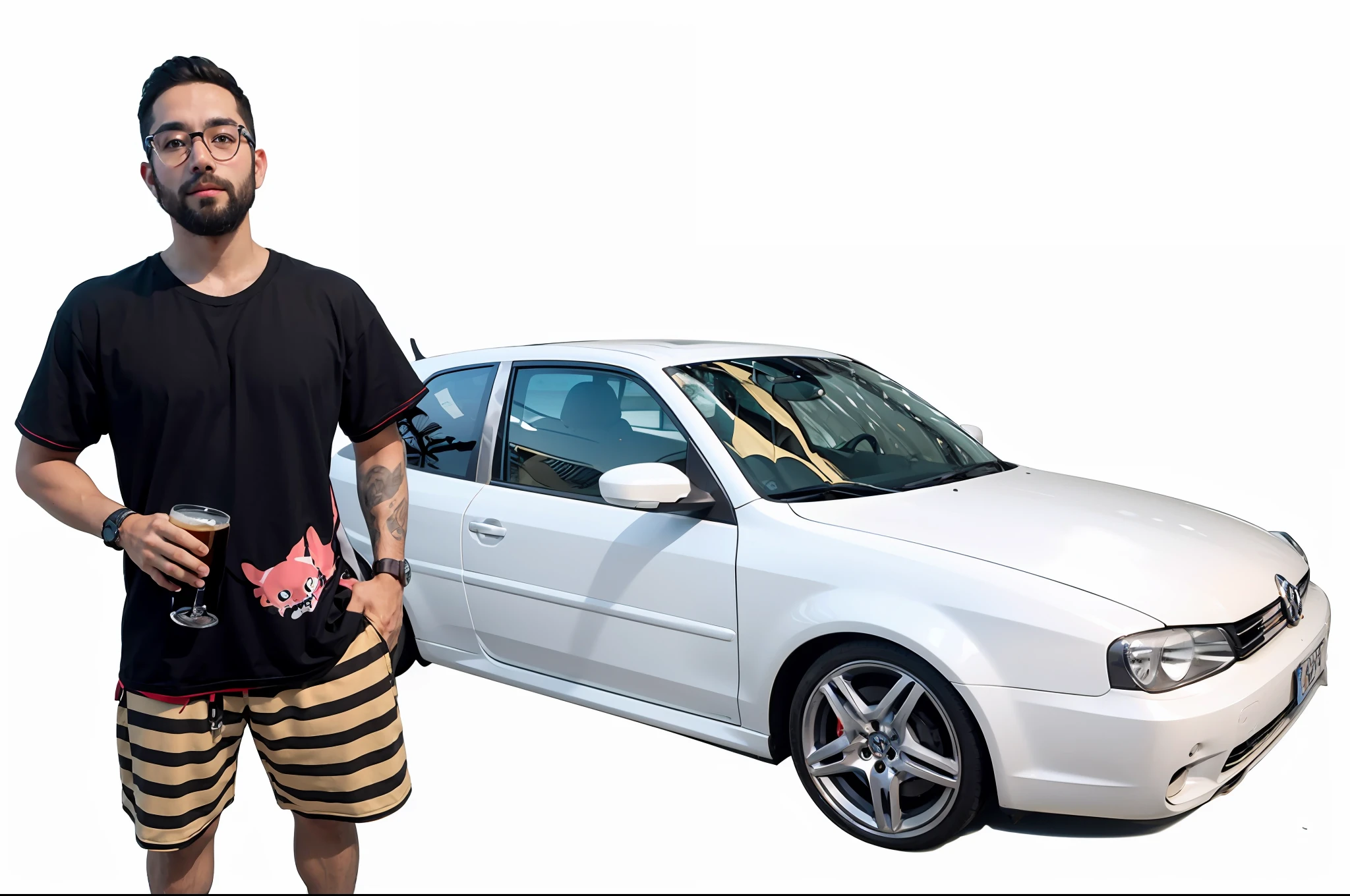 A 30-year-old man stands next to a white Volkswagen Gol with a beer in his hand, Standing in front of Volkswagen Gol, fundo branco!!!!!!!!!!, Nostalgia dos anos 90, ((Saturado)), final dos anos 2000, tunning, Ah Puch, corpo inteiro, 'fundo branco'!!!, vista de altura total, Memes