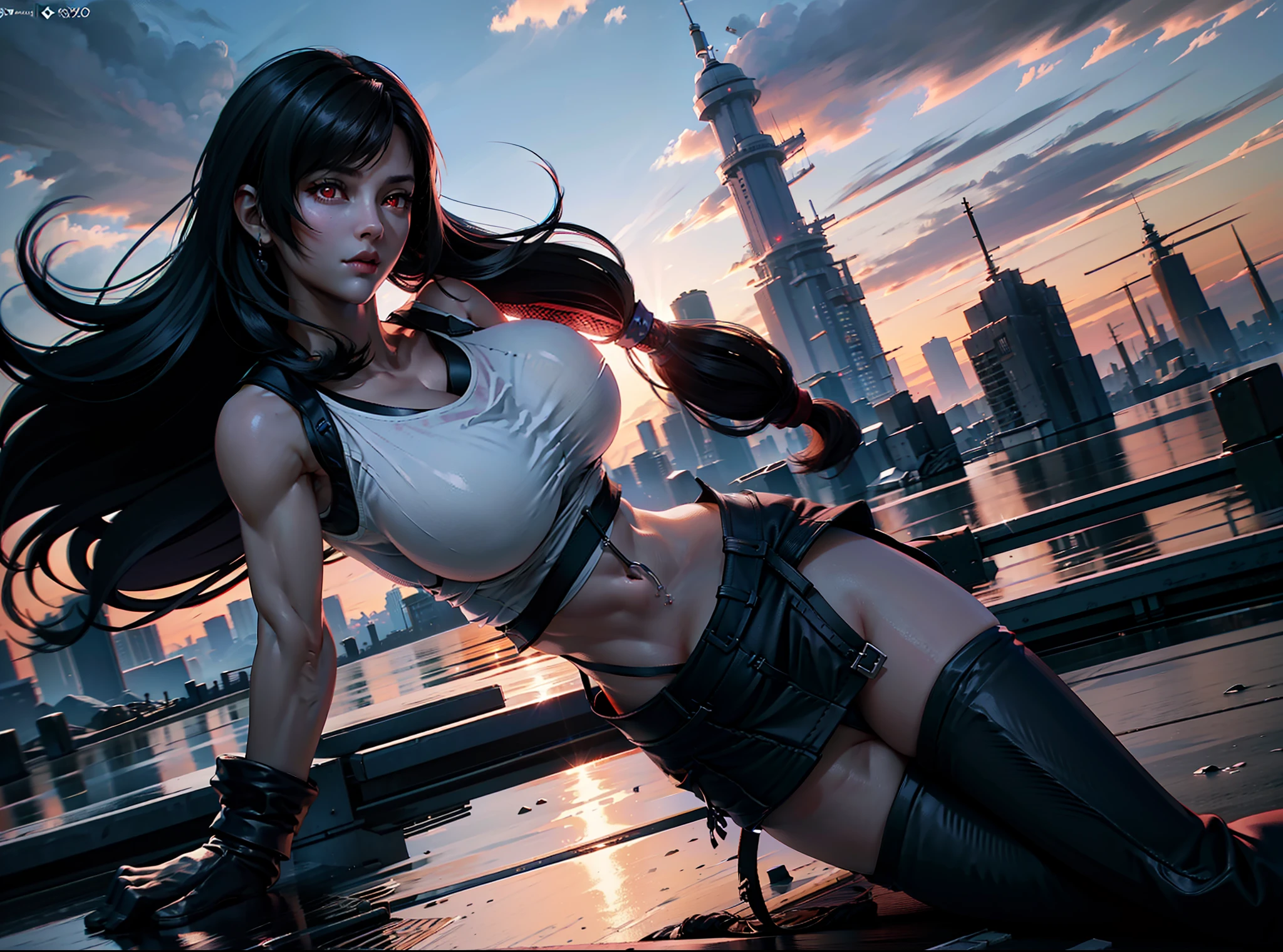 official art, unity 8k wallpaper, ultra detailed, beautiful and aesthetic, masterpiece, best quality, 1girl, extremely detailed, dynamic angle, cowboyshot, elegant, vivid colours, romanticism, yoshitaka amano, frank frazetta, atmospheric. Tifa lockhart, long black hair, red eyes, hair bangs, (white tank top:1.5), white top, (black miniskirt:1.4), suspenders, stockings, (huge breasts:1.5), cleavage, in a park, plants, sunshine,  bokeh background, (red eyes:1.5)one girl, 1 girl, thin waist, wide hips, exposed abdomen, toned abs, toned arms, close up, see through clothes, semi transparant clothes