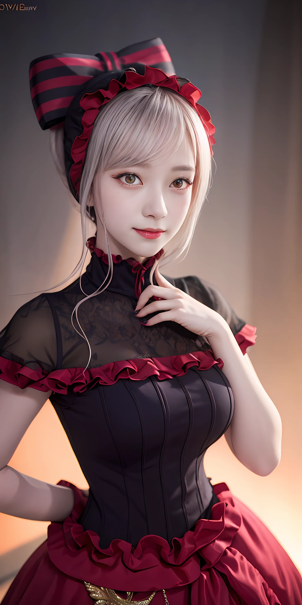 , best quality, ShalltearV4, 1girl, solo, dress, frills, bow, hair bow, fang, slight smile, pale skin, glowing, glowing eyes, portrait