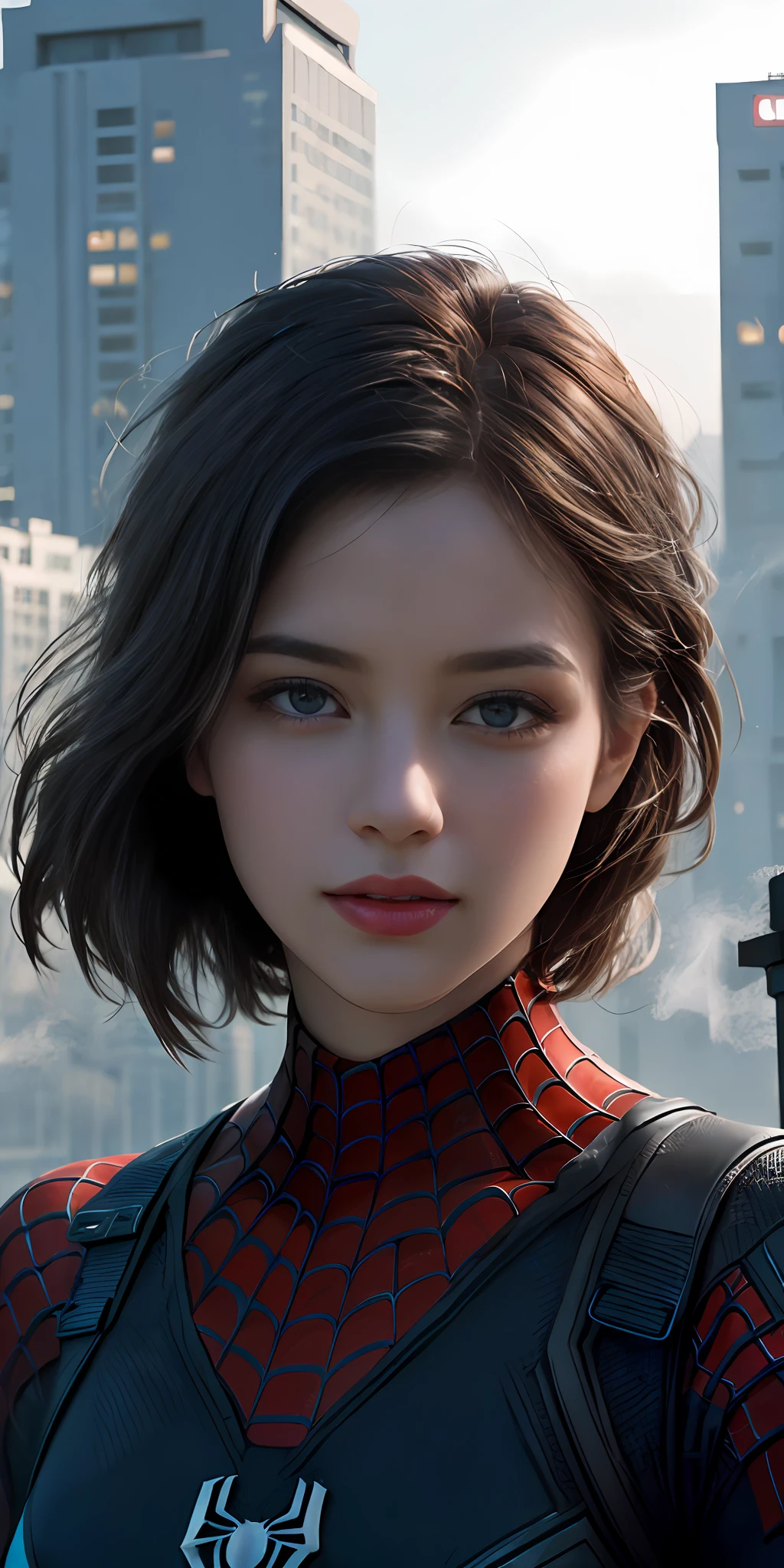 (1girl:1.3), Solo, (((Very detailed face)))), ((Very detailed eyes and face)))), Beautiful detail eyes, Body parts__, Official art, Unified 8k wallpaper, Super detailed, beautiful and beautiful, beautiful, masterpiece, best quality, original, masterpiece, super fine photo, best quality, super high resolution, realistic realism, sunlight, full body portrait, amazing beauty, dynamic pose, delicate face, vibrant eyes, (from the front), She wears Spider-Man suit, red and black color scheme, spider, very detailed city roof background, rooftop, overlooking the city, detailed face, detailed complex busy background, messy, gorgeous, milky white, highly detailed skin, realistic skin details, visible pores, clear focus, volumetric fog, 8k uhd, DSLR, high quality, film grain, fair skin, photo realism, lomography, futuristic dystopian megalopolis, translucent