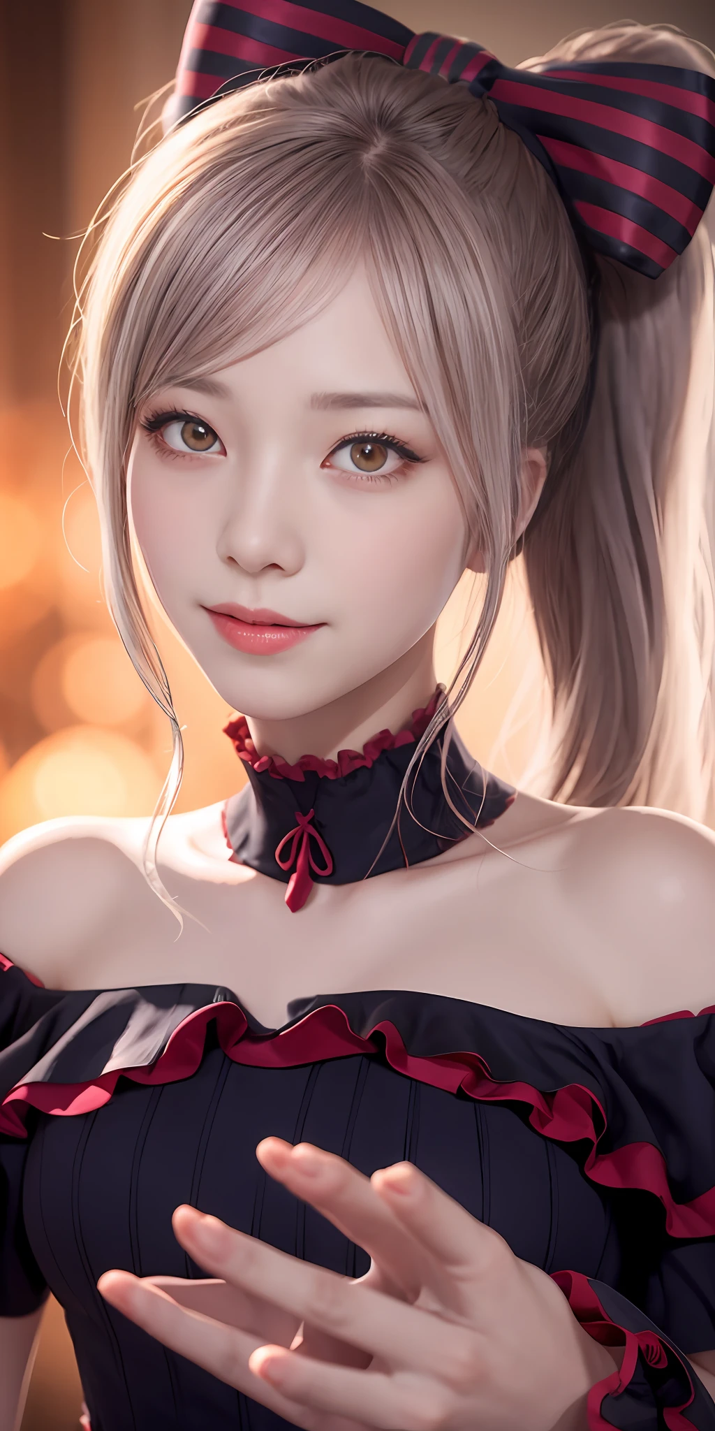 , best quality, ShalltearV4, 1girl, solo, dress, frills, bow, hair bow, fang, slight smile, pale skin, glowing, glowing eyes, portrait