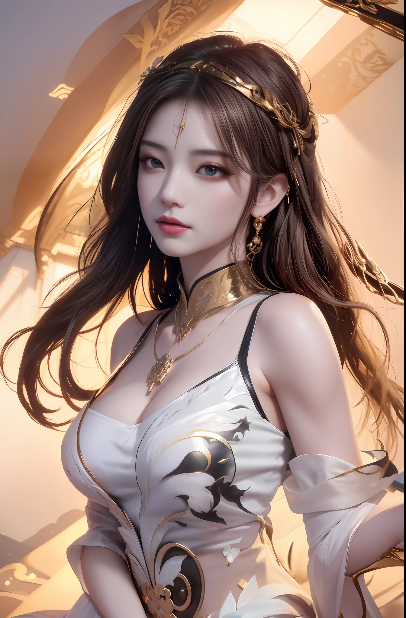 araffed woman in a white dress with a gold necklace and a gold choke, a beautiful fantasy empress, ruan jia and artgerm, inspired by Huang Ji, inspired by Wu Bin, inspired by Lan Ying, full body xianxia, by Yang J, trending at cgstation, trending on cgstation, ig model | artgerm