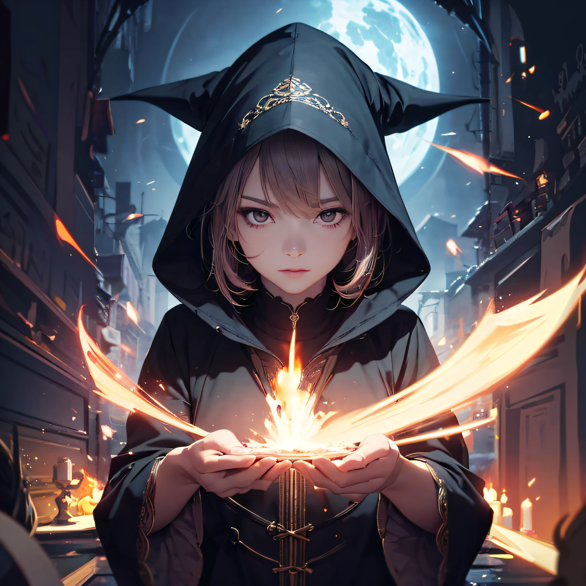 Anime girl holding black hood,holding a lighted candle in her hand, female mage conjuring a spell, a young female wizard, portrait of a female mage, an arcane wizard casting a spell, portrait of a mage, casting a fire spell, flirty anime witch casting magic, Artgerm and Atey Ghailan, epic mage girl character