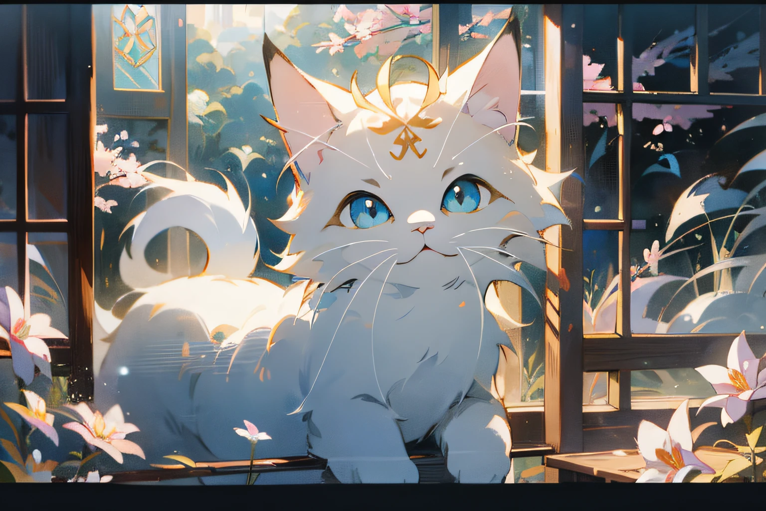 cute white puppet cat, hayao miyazaki dream style, surrealist animal illustration, bow, flowers, window, sky, meiji art, light color color painting, rich layers, realistic figurative painting, realistic hyper-detail portrait style, neo-traditional japan, soft edges, fantastic illustration, (very detailed CG unity 8k wallpaper), clean background, natural light, best quality, hyperdetail,