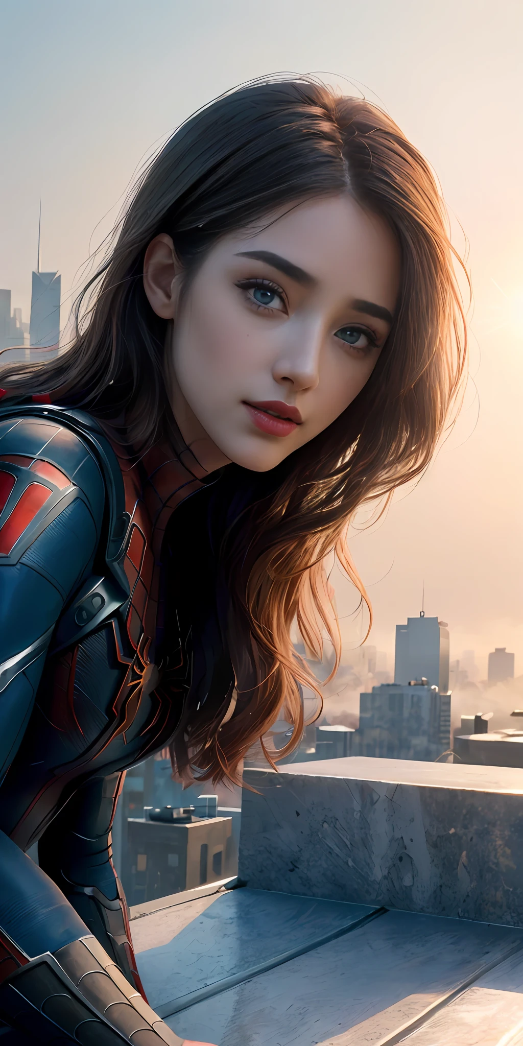(1girl:1.3), Solo, (((Very detailed face)))), ((Very detailed eyes and face)))), Beautiful detail eyes, Body parts__, Official art, Unified 8k wallpaper, Super detailed, beautiful and beautiful, beautiful, masterpiece, best quality, original, masterpiece, super fine photo, best quality, super high resolution, realistic realism, sunlight, full body portrait, amazing beauty, dynamic pose, delicate face, vibrant eyes, (from the front), She wears Spider-Man suit, red and black color scheme, spider, very detailed city roof background, rooftop, overlooking the city, detailed face, detailed complex busy background, messy, gorgeous, milky white, highly detailed skin, realistic skin details, visible pores, clear focus, volumetric fog, 8k uhd, DSLR, high quality, film grain, fair skin, photo realism, lomography, futuristic dystopian megalopolis, translucent