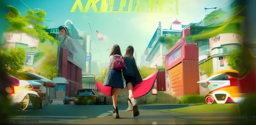 Close up of a woman walking on street on green background, xianxia fantasy, Xianxia, ruanjia, Movie poster, movie picture, film promotional image, Movie cover, promotional poster, promotional movie poster, Wanda, tang mo, Middle metaverse, boulevard, promotional poster, overlaid with chinese adverts, movie promo