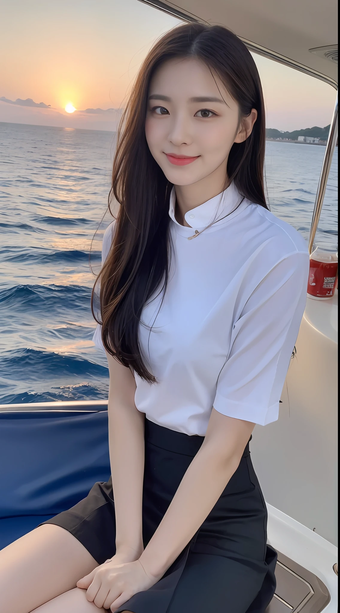 (1 Korean star with royal sister style), ((Best quality, 8K, 巨作: 1.3)), focal point: 1.2, Perfect body proportions: 1.4, (Make a smile), (Sunset: 1.3), Watery eyes, Highly Detailed Face and Skin Textur, Fine eyes, Double eyelids, Whitens the skin, (long whitr hair, Air bangs: 1.3), (Round face inches: 1.5), (Black filament hip skirt 1.4), (Sketch 1:2,) (On a yacht at sea,The whole picture of the yacht,Half-sitting,baiyun,suns,The scenery is exceptionally beautiful),Third Person View。