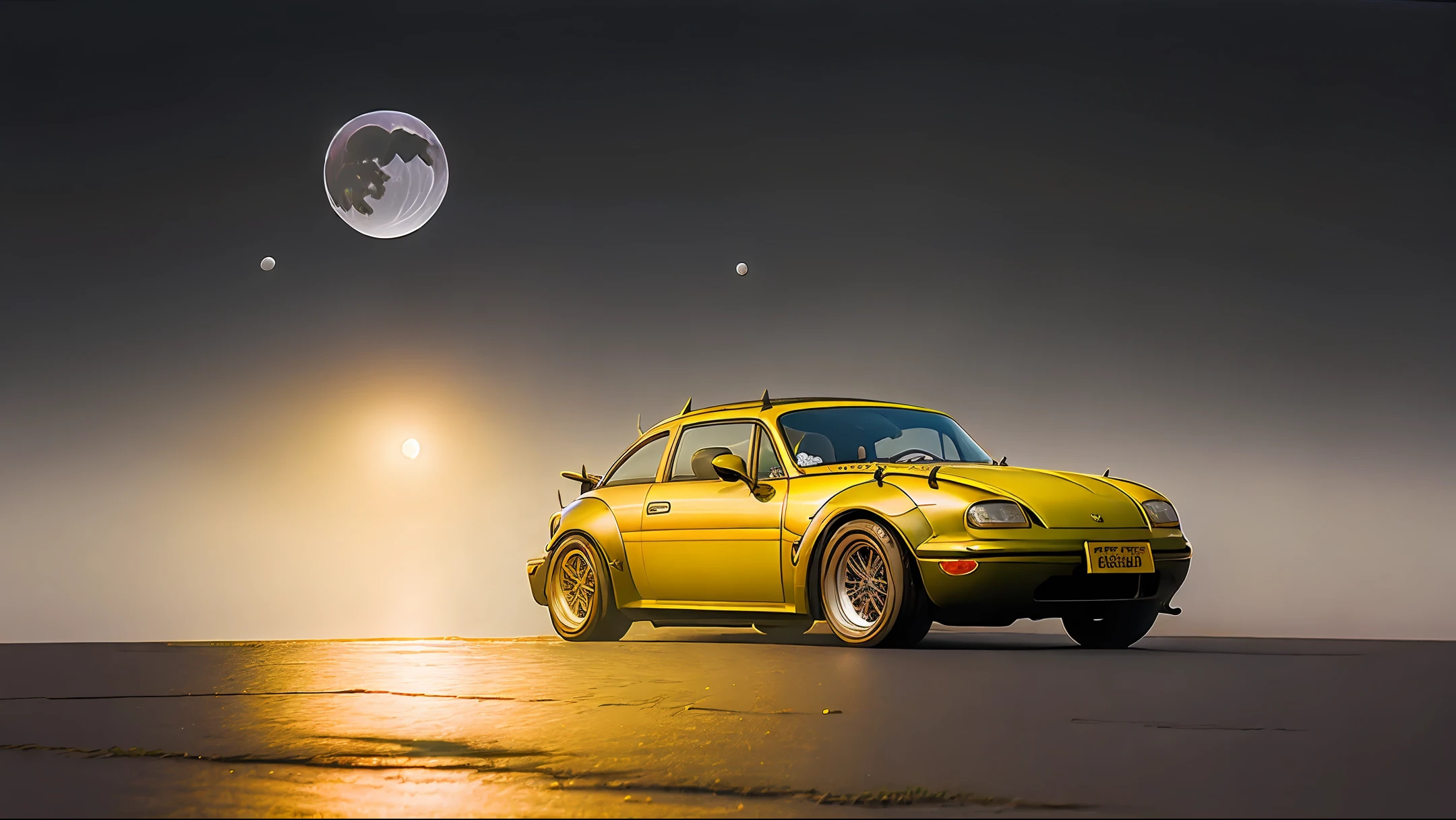 Michael Jackson dancing in the background a metallic yellow Beetle full moon depth field 1: 2 small fog backlight volumetric sky dramatic ultra realistic great quality well detailed masterpiece 8k cinematic photo award-winning Canon 50 ultra realistic intricate