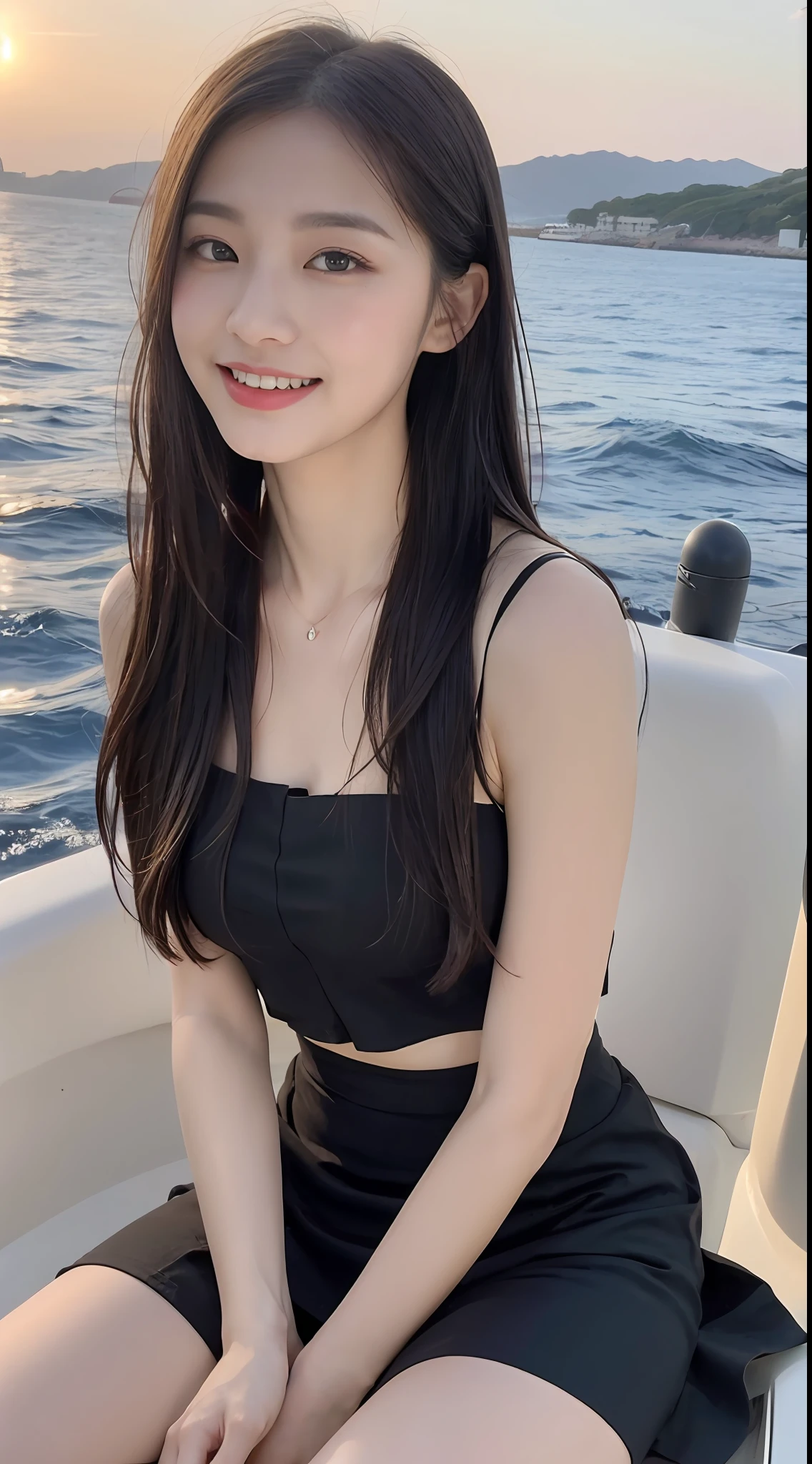 (1 Korean star with royal sister style), ((Best quality, 8K, 巨作: 1.3)), focal point: 1.2, Perfect body proportions: 1.4, (Make a smile), (Sunset: 1.3),  Watery eyes, Highly Detailed Face and Skin Textur, Fine eyes, Double eyelids, Whitens the skin, (long whitr hair, Air bangs: 1.3), (Round face inches: 1.5), (Black filament hip skirt 1.4), （Sketch 1:2，） （On a yacht at sea，The whole picture of the yacht，Half-sitting，baiyun，suns，The scenery is exceptionally beautiful），Third Person View。