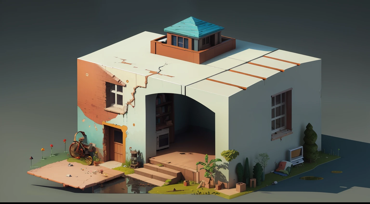 (Isometric perspective:1.5),(Pixar style:1.2), Ruins, dilapidated bed, broken sofa,(overgrown bonsai:0.8),rusty desk lamp, shattered TV, faded mural, 3D,Disney,Panoramic photo,Desolated background, solid background,Global illumination, raytracing, modeling,HDR,octane render,unreal render,behance,dribbble,artstation,best quality, 8k,