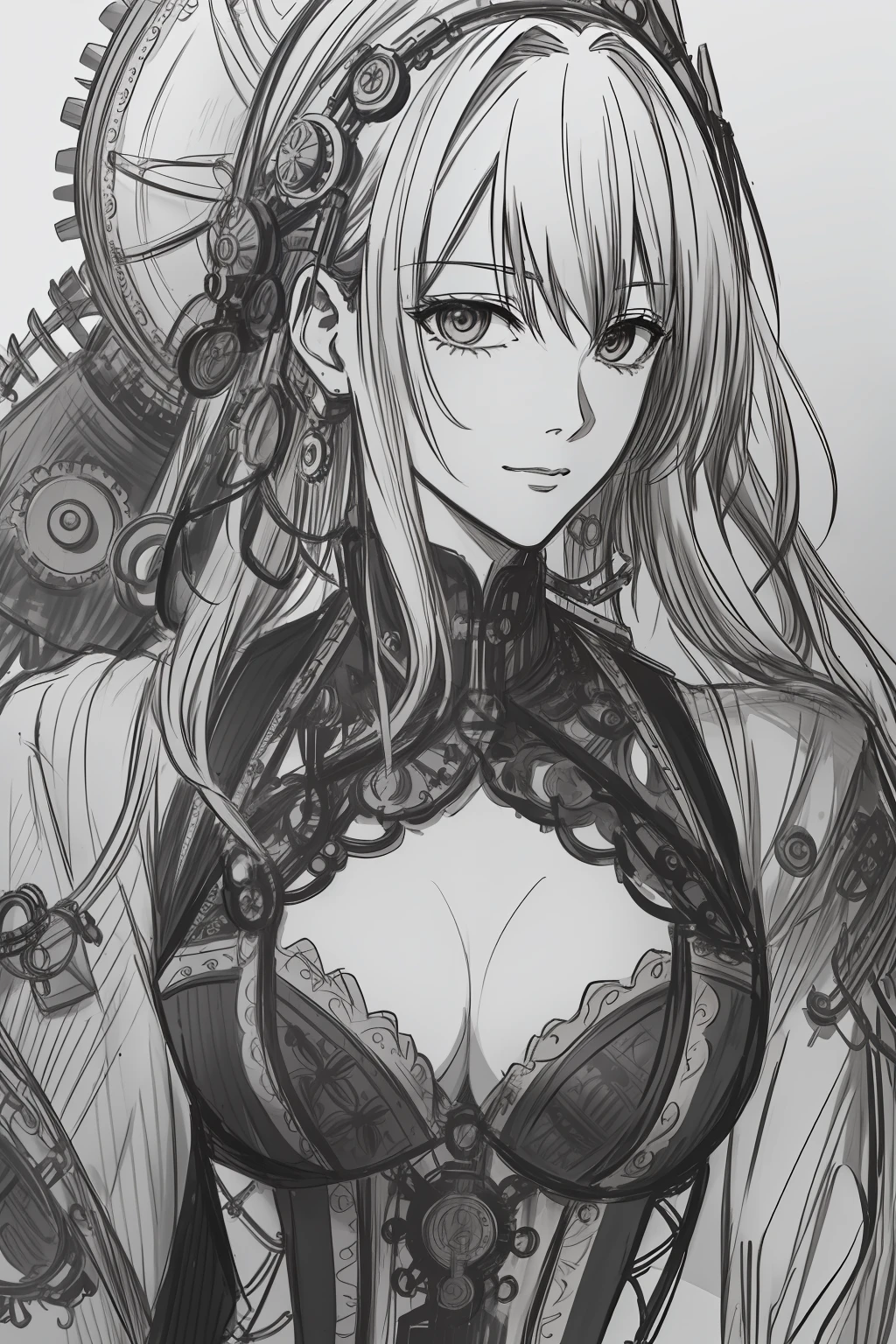 An awe-inspiring greyscale pencil sketch capturing the enigmatic Makima from the manga series Chainsaw Man, showcasing her in a detailed portrait that extends till her torso. Makima is portrayed wearing an exquisite steampunk dress, intricately adorned with gears, chains, and ornate patterns. The sketch showcases the stunning details of her dress, the folds and textures, as well as the precise shading that brings depth to her form. The sketch is rendered in 4K HDR, allowing for impressive visual clarity and contrast. The background is kept minimal, drawing attention to Makima's striking presence and captivating steampunk aesthetics. Style: Detailed pencil sketch with meticulous attention to linework, shading, and texture, capturing the essence of Makima's steampunk dress. Execution: Created using high-quality pencils on fine-grained paper, employing various shading techniques to achieve lifelike depth and intricacy. --ar 1:1 --v