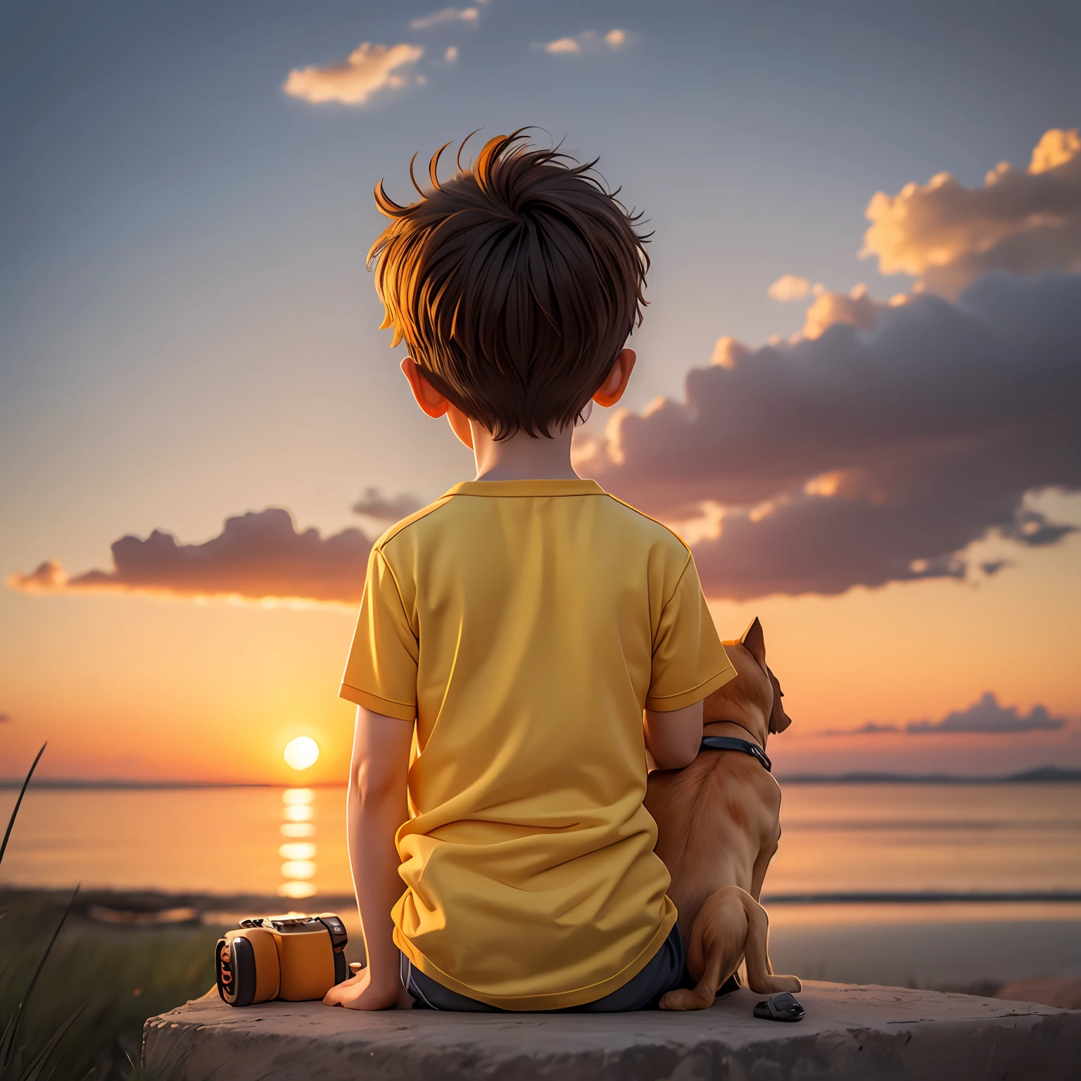 A boy dressed in yellow,Sitting in the sunset,Take a picture with your camera,Only his back can be seen,There is a dog next to it