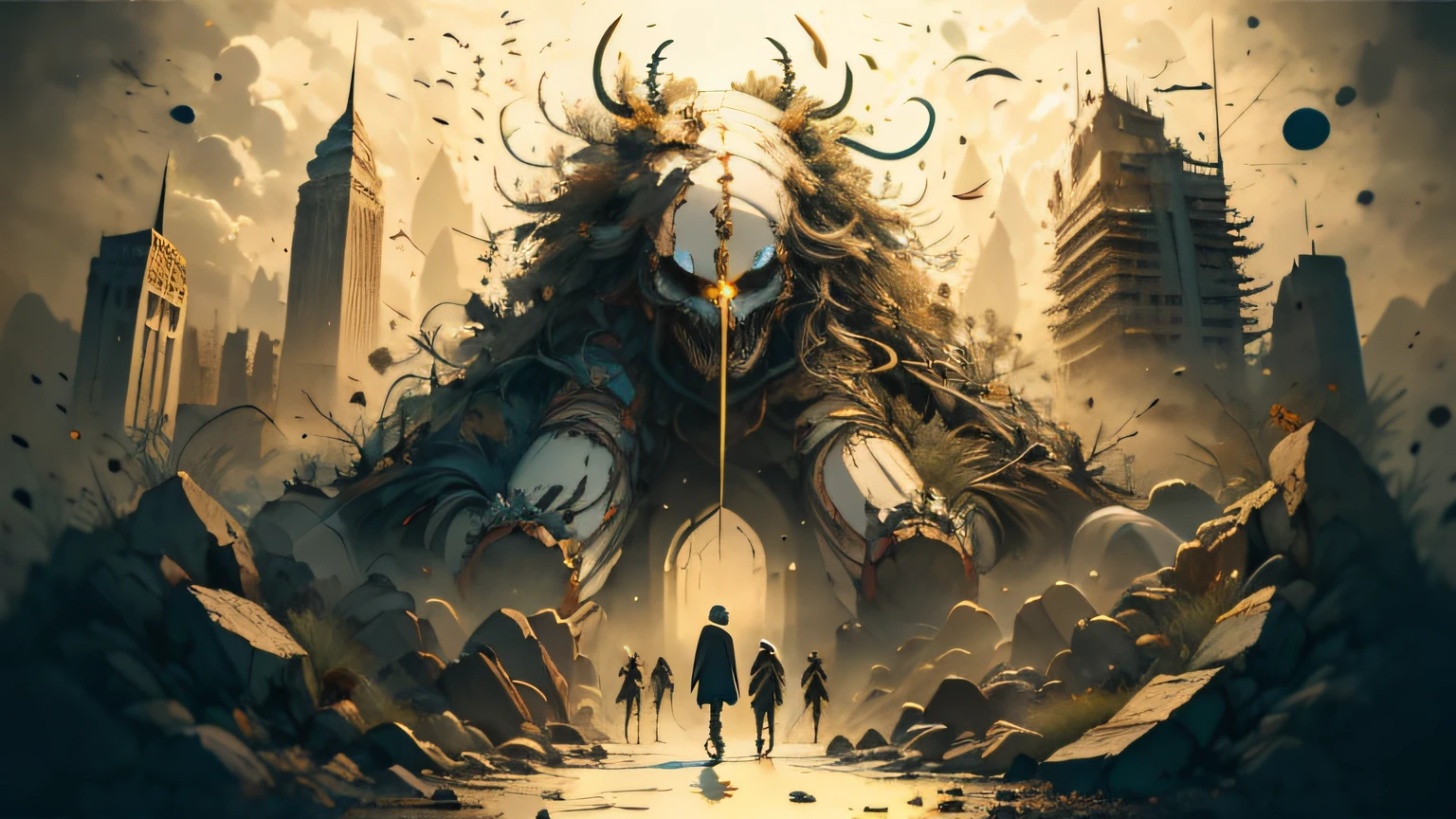 Absurd, high resolution, ultra-detailed, (1 girl:1.3), broken, design a beautiful temple scene, intricate architecture, lush gardens, and a sense of peace and spirituality. Broken, creating an image of a destructive demon with terrifying features, dark powers, and a thirst for chaos and destruction. Broken, designed with a fisheye effect image that captures a wide field of view with a unique curved viewing angle. Break to create rooftop views in urban environments with panoramic cityscapes, dramatic skylines, and a sense of elevation. Break , illustrating the tender moments between parents and children, capturing their bonds, love, and connection. Broken, using pointillism to illustrate images, carefully placed tiny dots of color to create a cohesive and visually stunning whole.