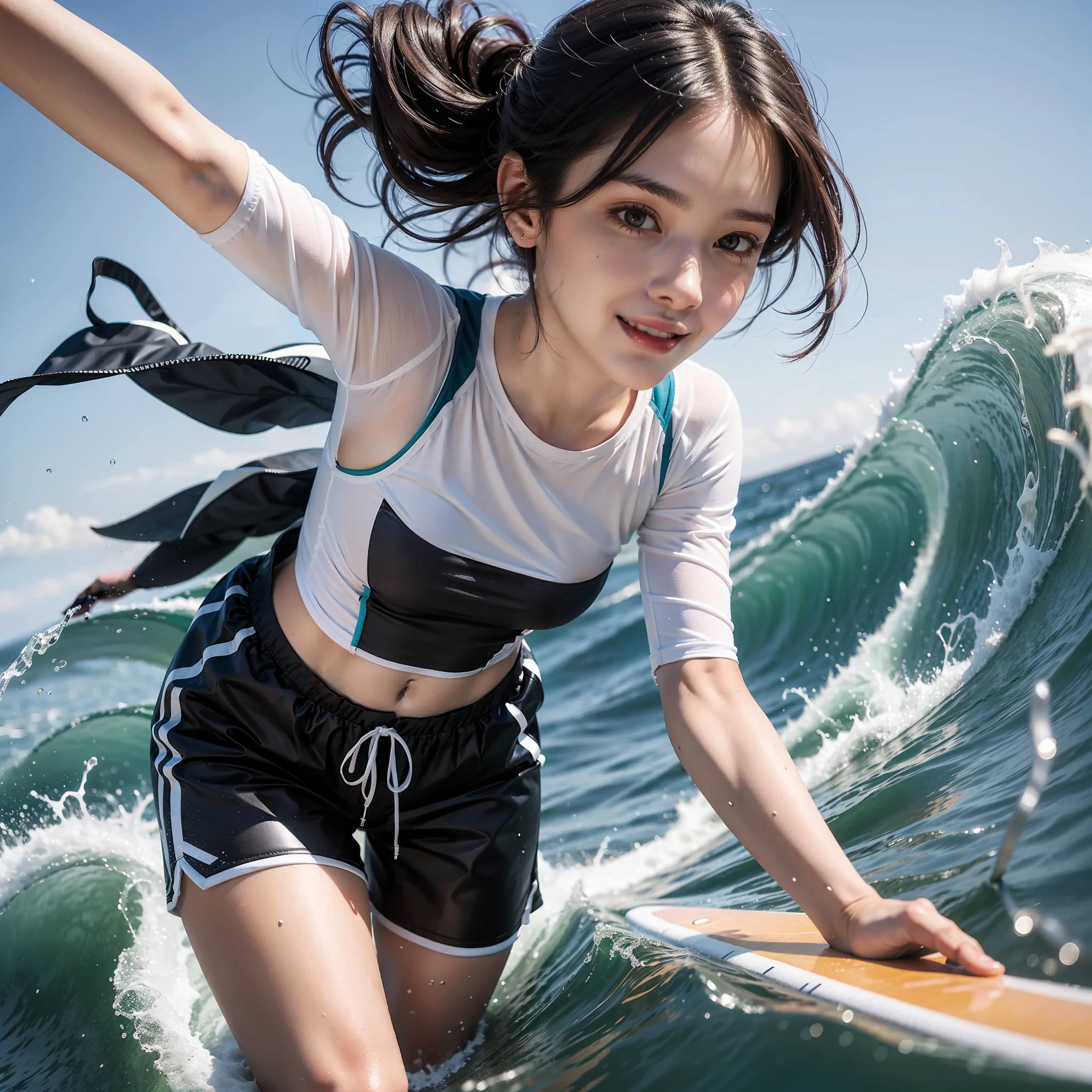 (1 person), Solo, Beautiful Detail Eye, {{{Masterpiece}, {{Best Quality}, {{Super Detail}}, {Illustration}, Cinematic Angle, {Beautiful Detail Eye}, {Detail Light}, Cinematic Lighting, Cute Girl, Short Hair, Moments in the Surf. A beautiful woman floating in the blue sea straddles a surfboard and runs freely on the waves. The sunlight makes her hair and body shine, smiling as she rides the wind. A moment of ultimate freedom and excitement. The costume is a combination of a long-sleeved rash guard and shorts. The rash guard does not fit too much to the body, has a bright shade and has a small logo on the chest. Shorts are made of comfortable materials and emphasize ease of movement. It brings out the sporty charm.