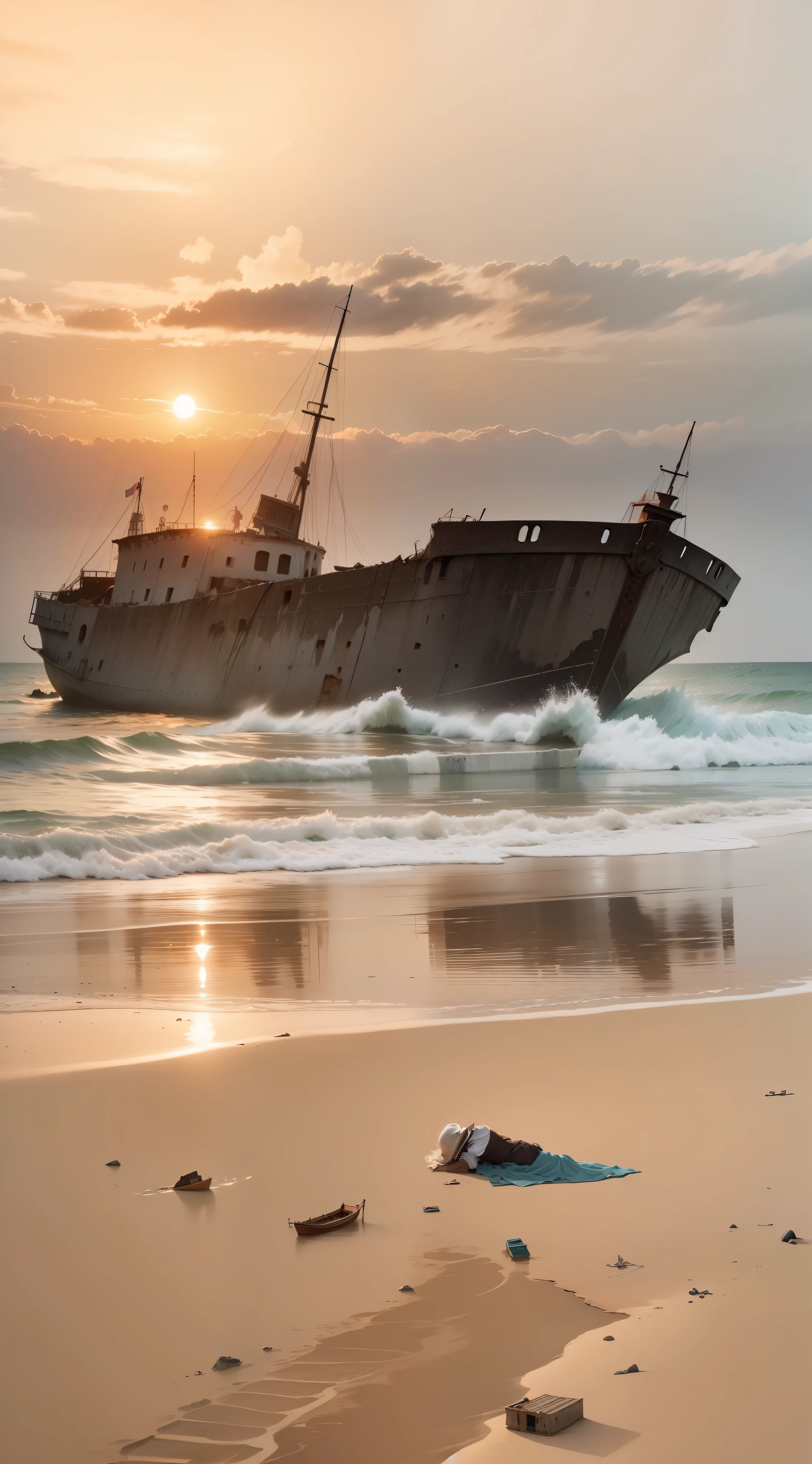 A sunken ship, vieux, worn out, dilapidated, femme détruite sur la plage Make the ship old and sunk completely destroyed and very old Keep all details of the photo Add an old woman sitting on a chair, just don't change anything in the ship --auto