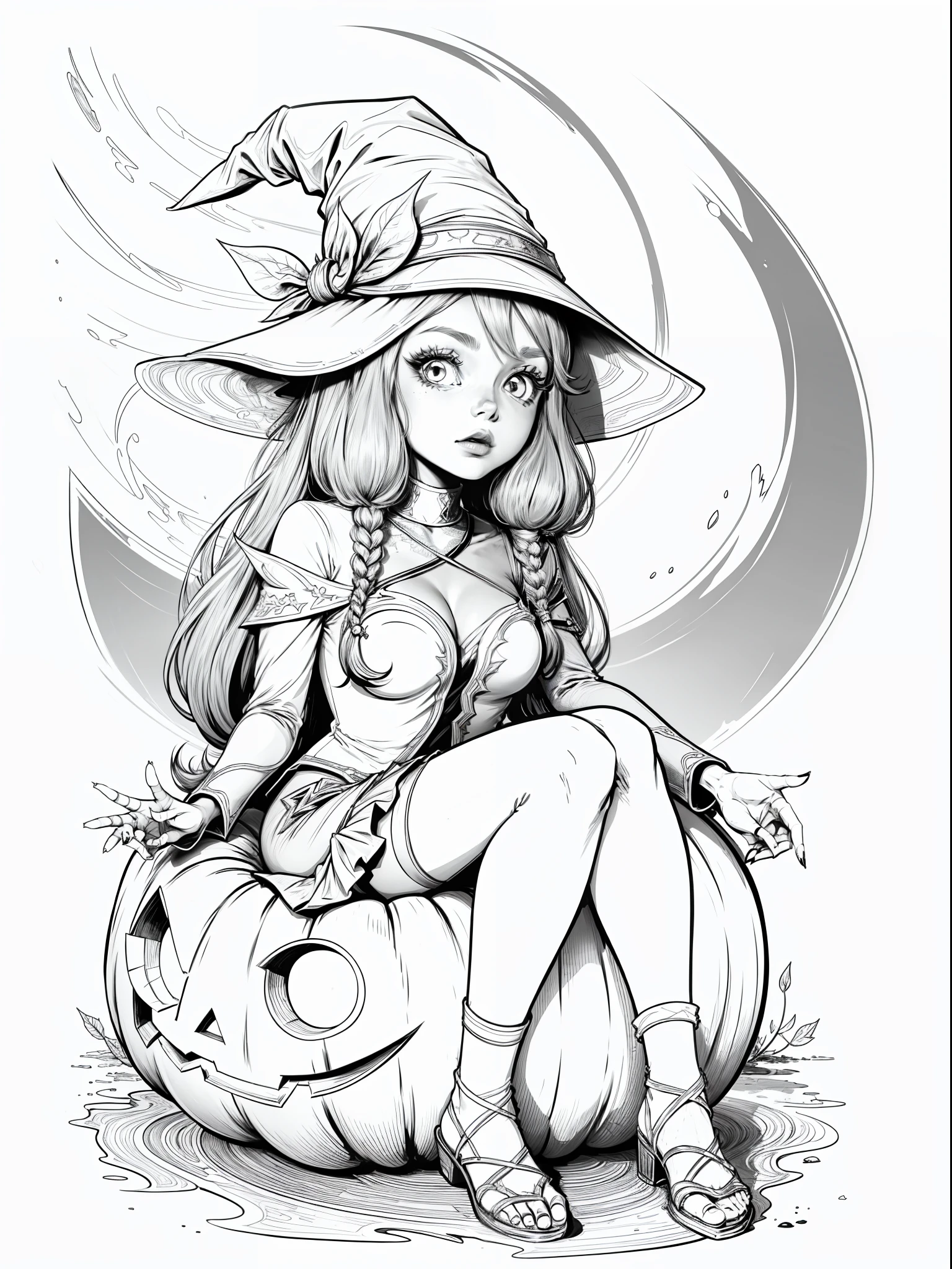 Cute girl wearing a witch hat sitting on a pumpkin, anime style, for a coloring page for children