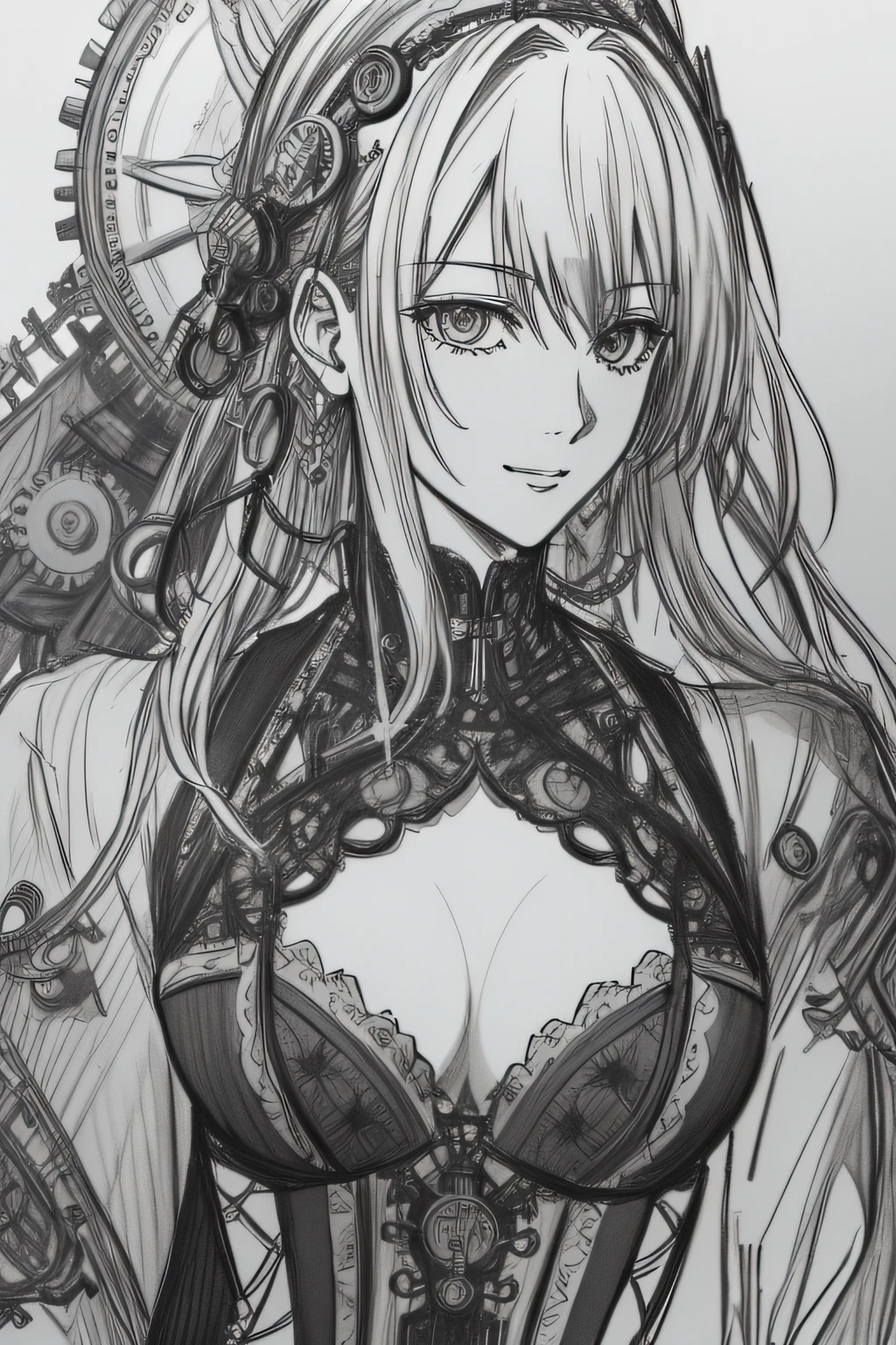 An awe-inspiring greyscale pencil sketch capturing the enigmatic Makima from the manga series Chainsaw Man, showcasing her in a detailed portrait that extends till her torso. Makima is portrayed wearing an exquisite steampunk dress, intricately adorned with gears, chains, and ornate patterns. The sketch showcases the stunning details of her dress, the folds and textures, as well as the precise shading that brings depth to her form. The sketch is rendered in 4K HDR, allowing for impressive visual clarity and contrast. The background is kept minimal, drawing attention to Makima's striking presence and captivating steampunk aesthetics. Style: Detailed pencil sketch with meticulous attention to linework, shading, and texture, capturing the essence of Makima's steampunk dress. Execution: Created using high-quality pencils on fine-grained paper, employing various shading techniques to achieve lifelike depth and intricacy. --ar 1:1 --v