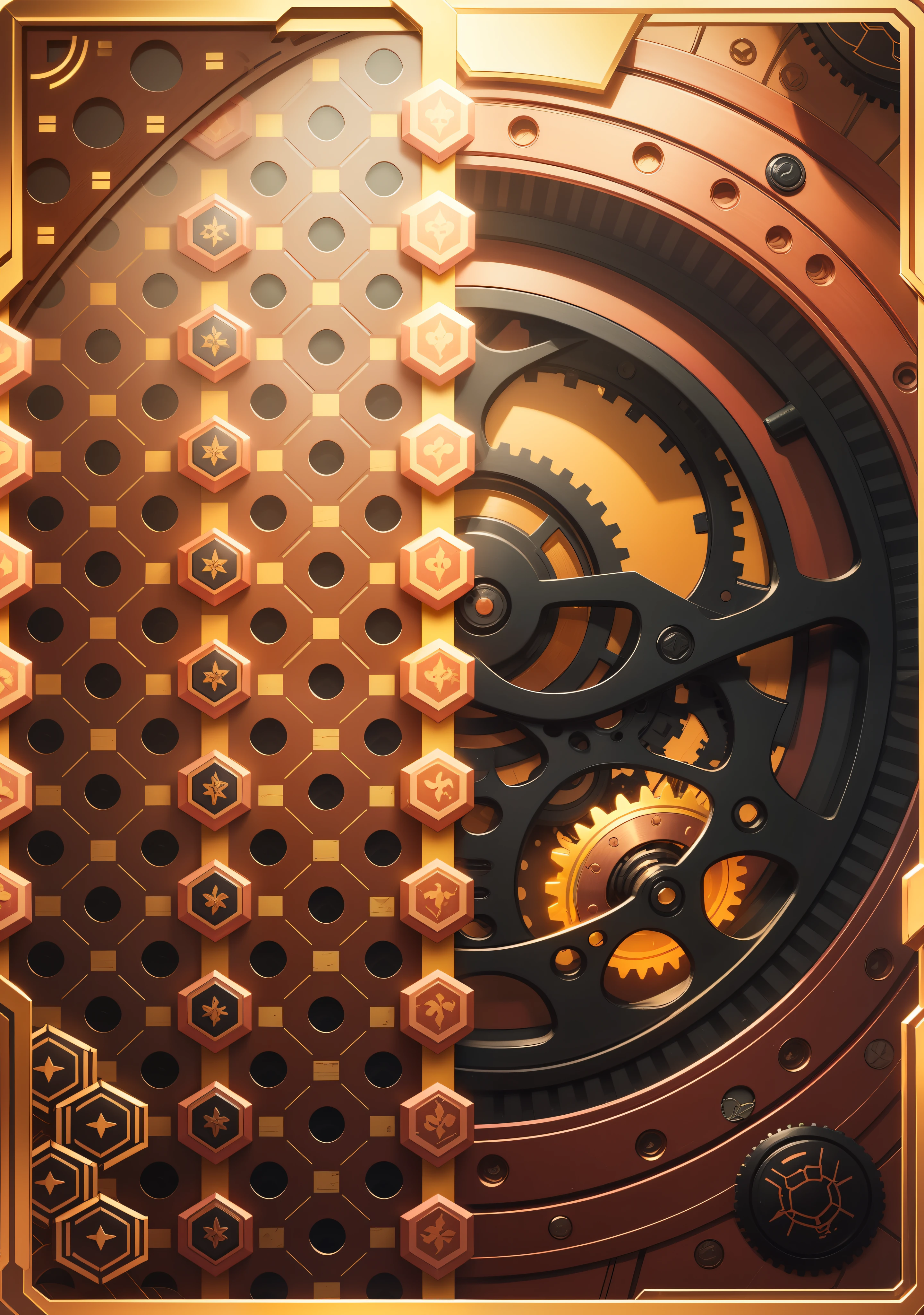 The translucent pink color on the left half of the card has a black pattern,The right half is a gold and orange mechanical gear,Draw a card