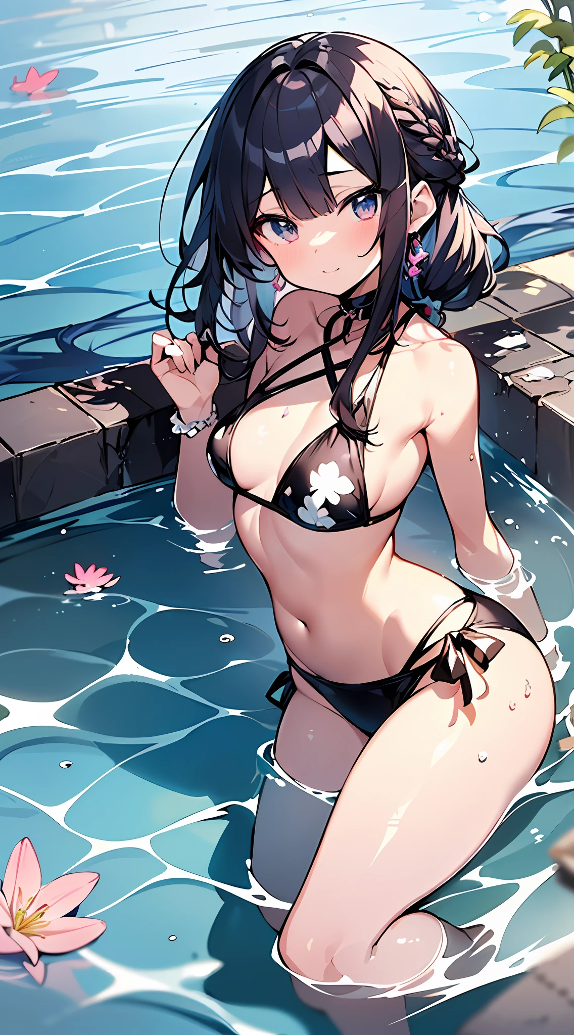 (Incredibly ridiculous absolute resolution:1.5)、Anime girl in gorgeous white lily colored bikini, anime moe art style, Seductive Anime Girl,Anime , 8k Manga Wallpapers,((small curvy loli pretty anime girl,((swimming pools))、large boob、(The length of hair to the shoulders)、(short braided hair)、Beautiful anime girl, (Anime Girl), clean detailed anime art