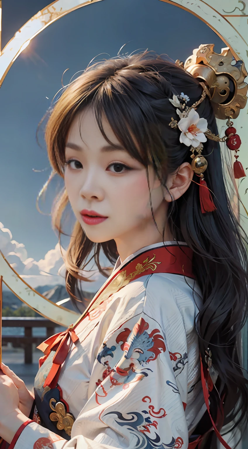 Best quality, masterpiece, illustration, very detailed, 1 girl, 1 white Chinese dragon as background, beautiful and detailed girl, very detailed eyes and face, light on face, movie lighting, looking at the audience, rainbow candy, smile, full body, full_body shot, (from the front: 1.2), (((majestic))), floating, blue sky, stone, blue sky, Chinese dragon, glowing blue, clouds, traditional Chinese elements, Chinese red, traditional Chinese hair accessories, elegant hair, floating ribbon, martial cloak, shu style, (martial arts: 1.2), hanfu
