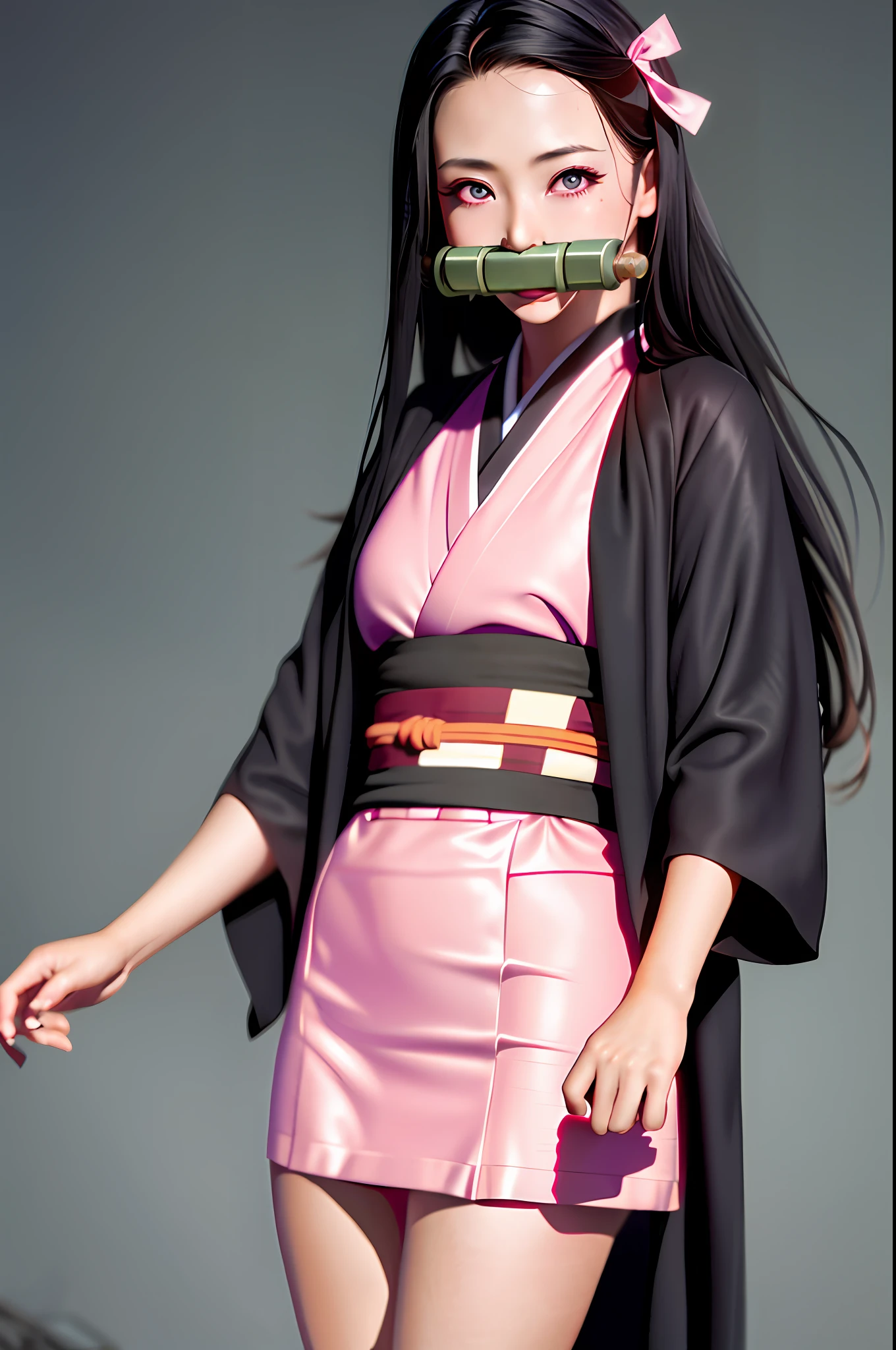 masterpiece, (photorealistic:1.5), realistic eyes, asian woman, best quality, beautiful lighting, professional lighting, photon mapping, radiosity, physically-based rendering,
kamado nezuko, 1girl, black hair, forehead, hair ribbon, japanese clothes, kimono, long hair, multicolored hair, pink eyes, pink kimono, pink ribbon, ribbon, very long hair, bit gag, gagged, sky, ((aged up)),
(RAW photo, 8k uhd, film grain)