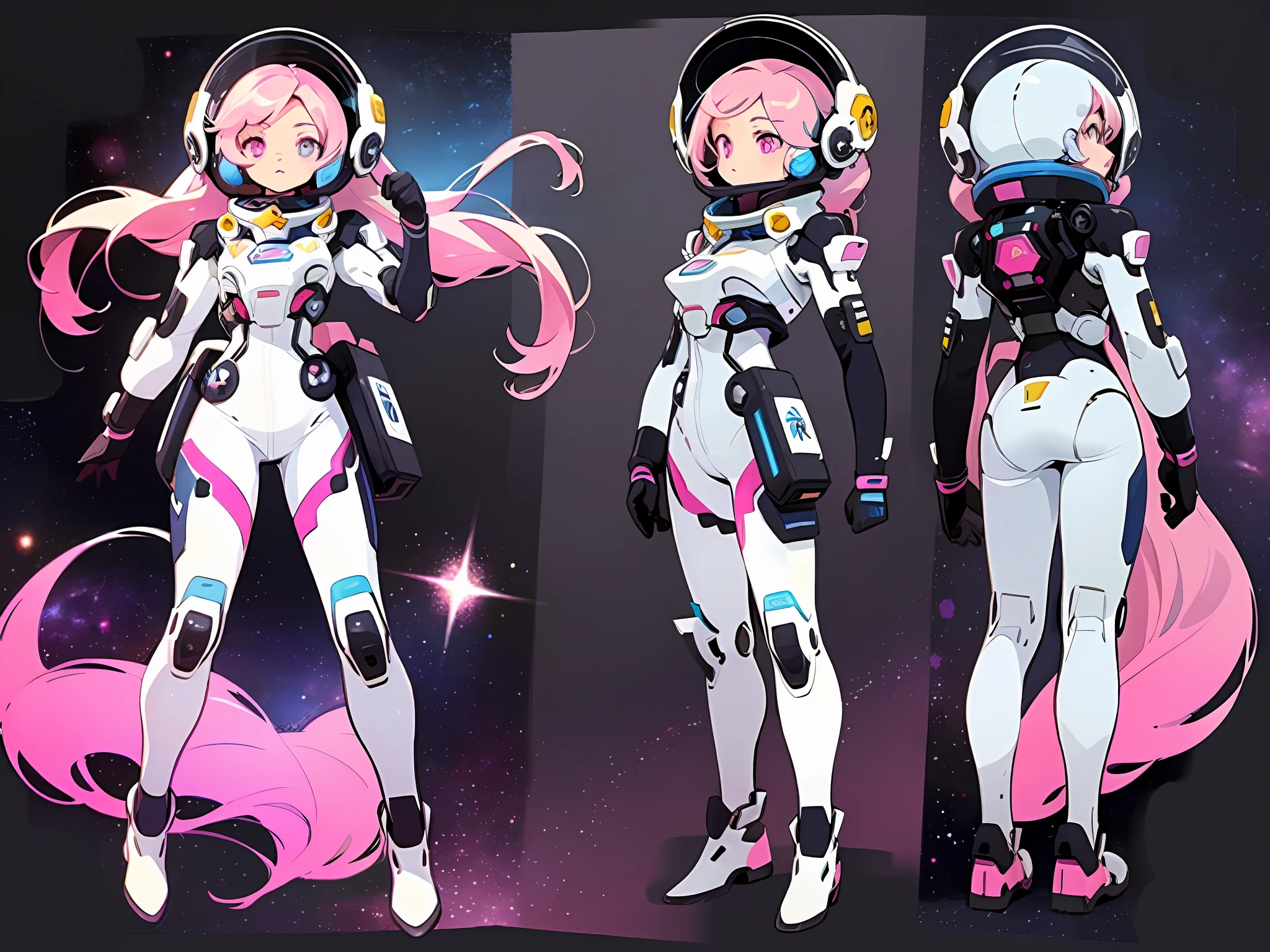 ((masterpiece)), (((best quality))), (character design sheet, same character full body, front, side, back), Illustration, 1 girl, pink long hair, eyes, environment change, pose kota, female, decorted colorful space suits, stars, charturnbetalora, (simple background, white background: 1.3) ,--6