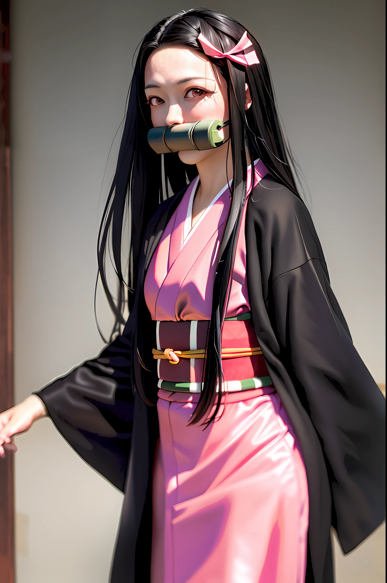 masterpiece, (photorealistic:1.5), realistic eyes, asian woman, best quality, beautiful lighting, professional lighting, photon mapping, radiosity, physically-based rendering,
kamado nezuko, 1girl, black hair, forehead, hair ribbon, japanese clothes, kimono, long hair, multicolored hair, pink eyes, pink kimono, pink ribbon, ribbon, very long hair, bit gag, gagged, sky, ((aged up)),
(RAW photo, 8k uhd, film grain)