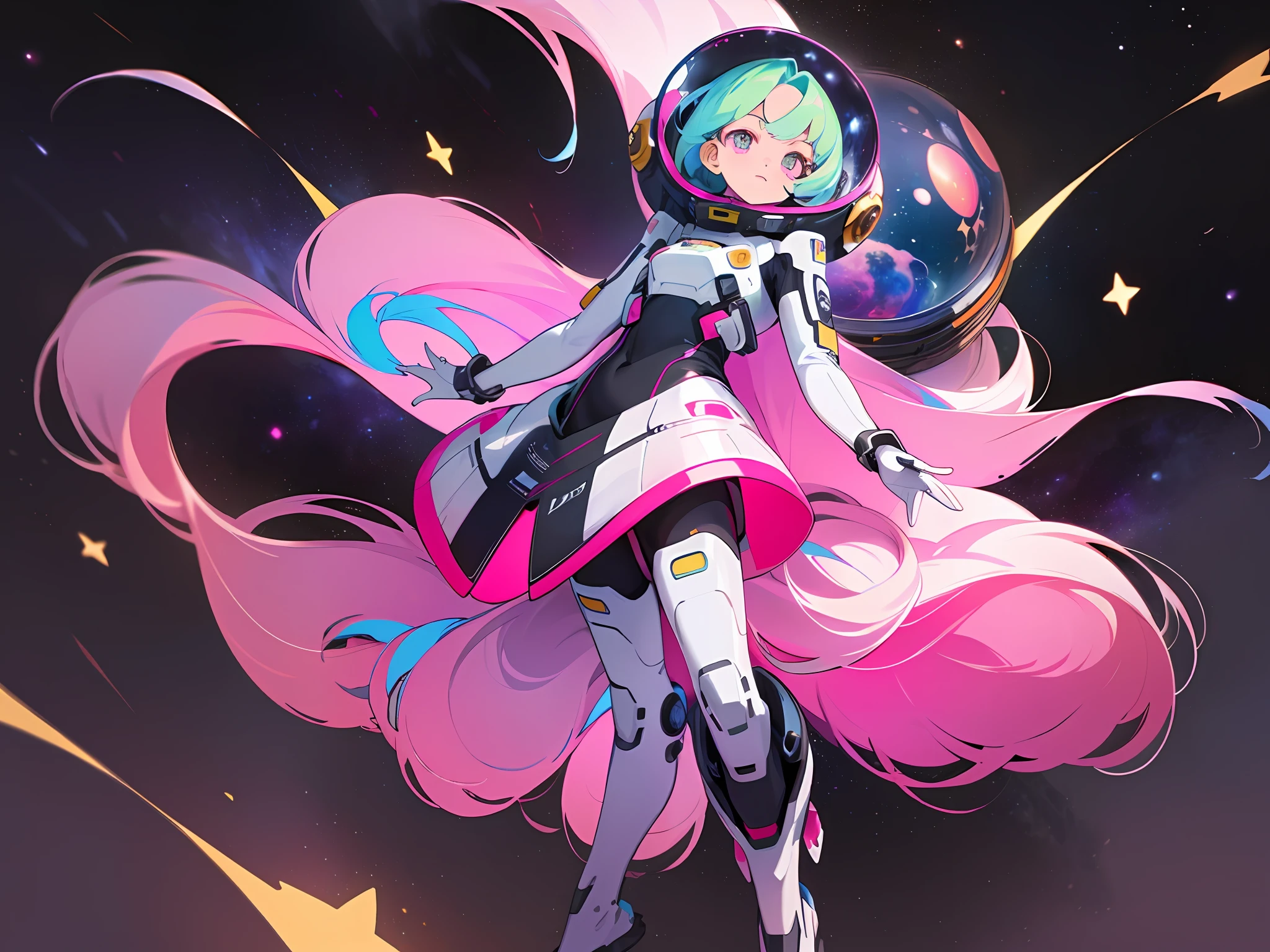 ((masterpiece)), (((best quality))), (character design sheet, same character full body, front, side, back), Illustration, 1 girl, pink long hair, eyes, environment change, pose kota, female, decorted colorful space suits, stars, charturnbetalora, (simple background, white background: 1.3) ,--6