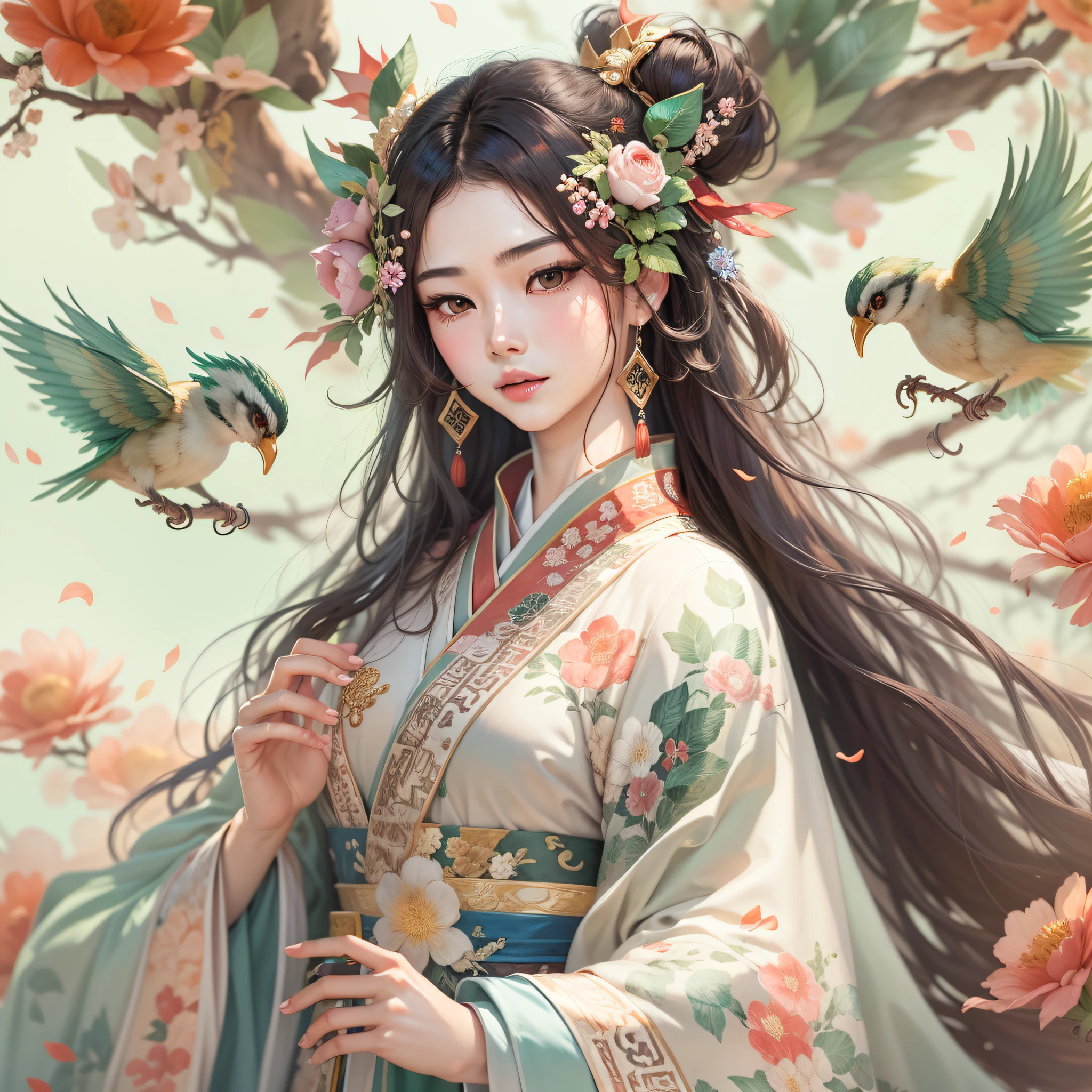 Close-up of a woman in a flower and bird dress, A beautiful artwork illustration, Princesa chinesa antiga, spring goddess, an ancient Chinese goddess, China Princess, Palace ， A girl in Hanfu, a beautiful fantasy empress, ancient china art style, ancient asian dynasty princess, Chinese style painting, ancient chinese beauti, Official illustration, inspired by Jin Nong
