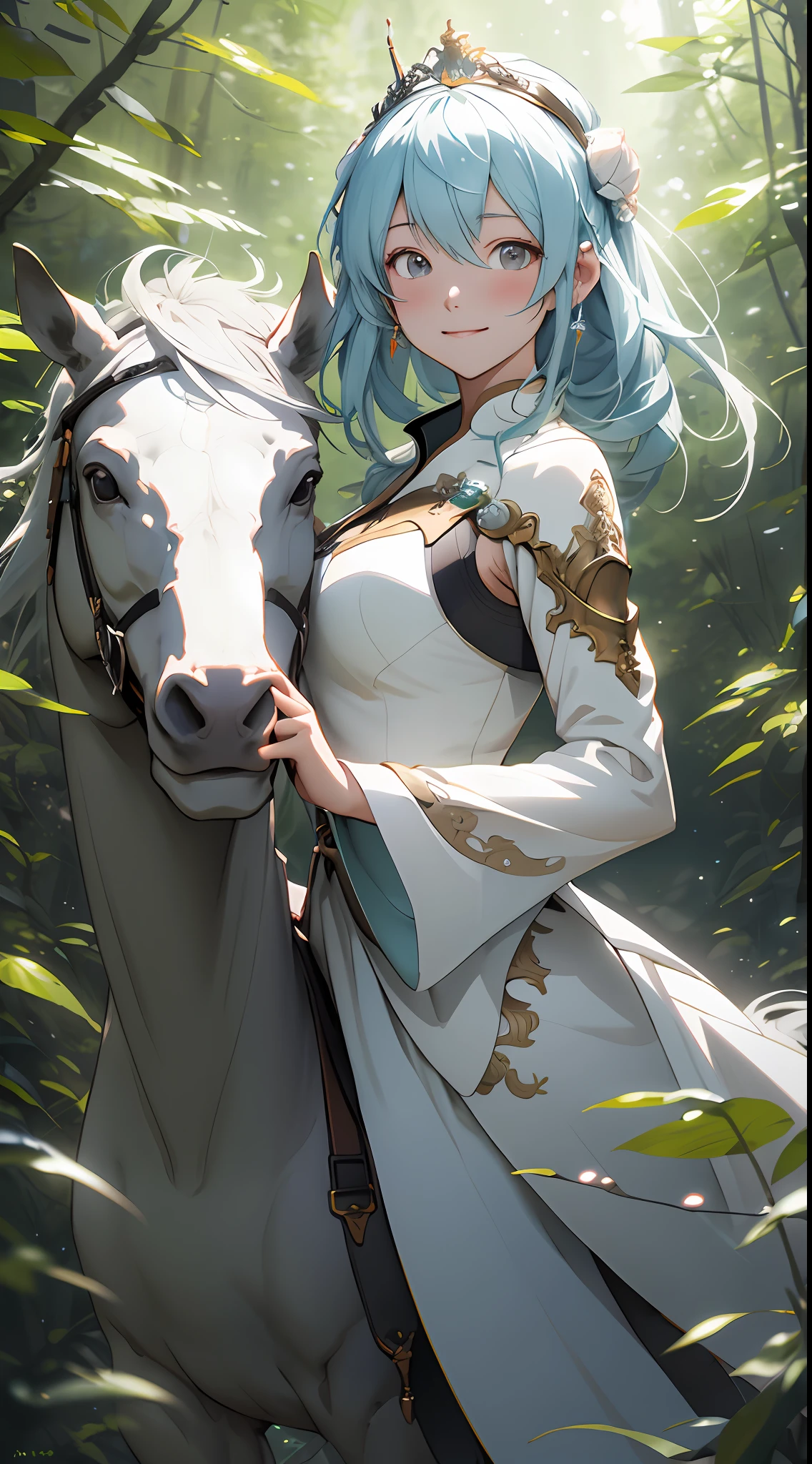 Anime girl in white dress leading a horse in the forest, Guweiz in Pixiv ArtStation, Guweiz on ArtStation Pixiv, trending on artstation pixiv, Kawasi, Digital art on Pixiv, Anime goddess, ((a beautiful fantasy empress)), Guviz, smiling as a queen of fairies, zerochan art, granblue fantasy,HDR(HighDynamicRange),Ray traching,NVIDIA RTX,Hyper-Resolution,Unreal 5,Subsurface Dispersion,PBR textures,Post-processing,Anisotropy Filtering,depth of fields,Maximum clarity and sharpness,Many-Layer Textures, Albedo e mapas Speculares、Surface Coloring、Accurately simulate light-material interactions、perfectly proportions、rendering by octane、twotonelighting、largeaperture、Low ISO、White balance、trichotomy、8K RAW、crysisnanosuit