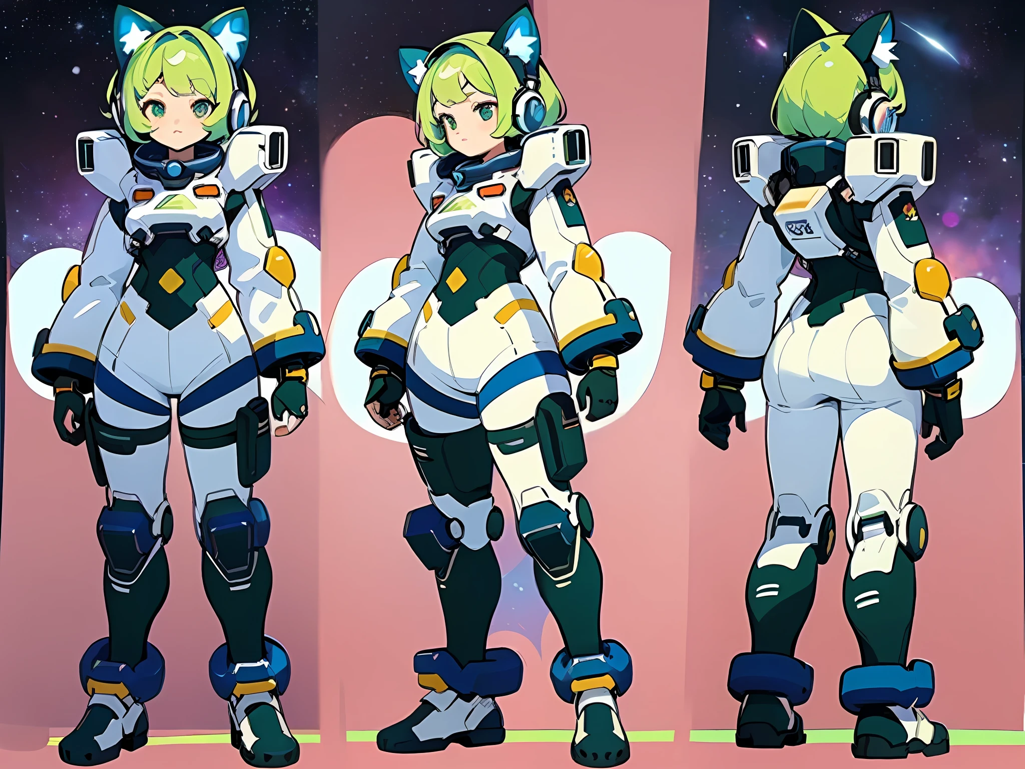 ((masterpiece)), (((best quality))), (character design sheet, same character full body, front, side, back), Illustration, 1 girl, cat ear style headphone, green hair color, bangs, eyes, environment change, pose kota, female, decorted colorful space suits, stars, charturnbetalora, (simple background, white background: 1.3) ,--6