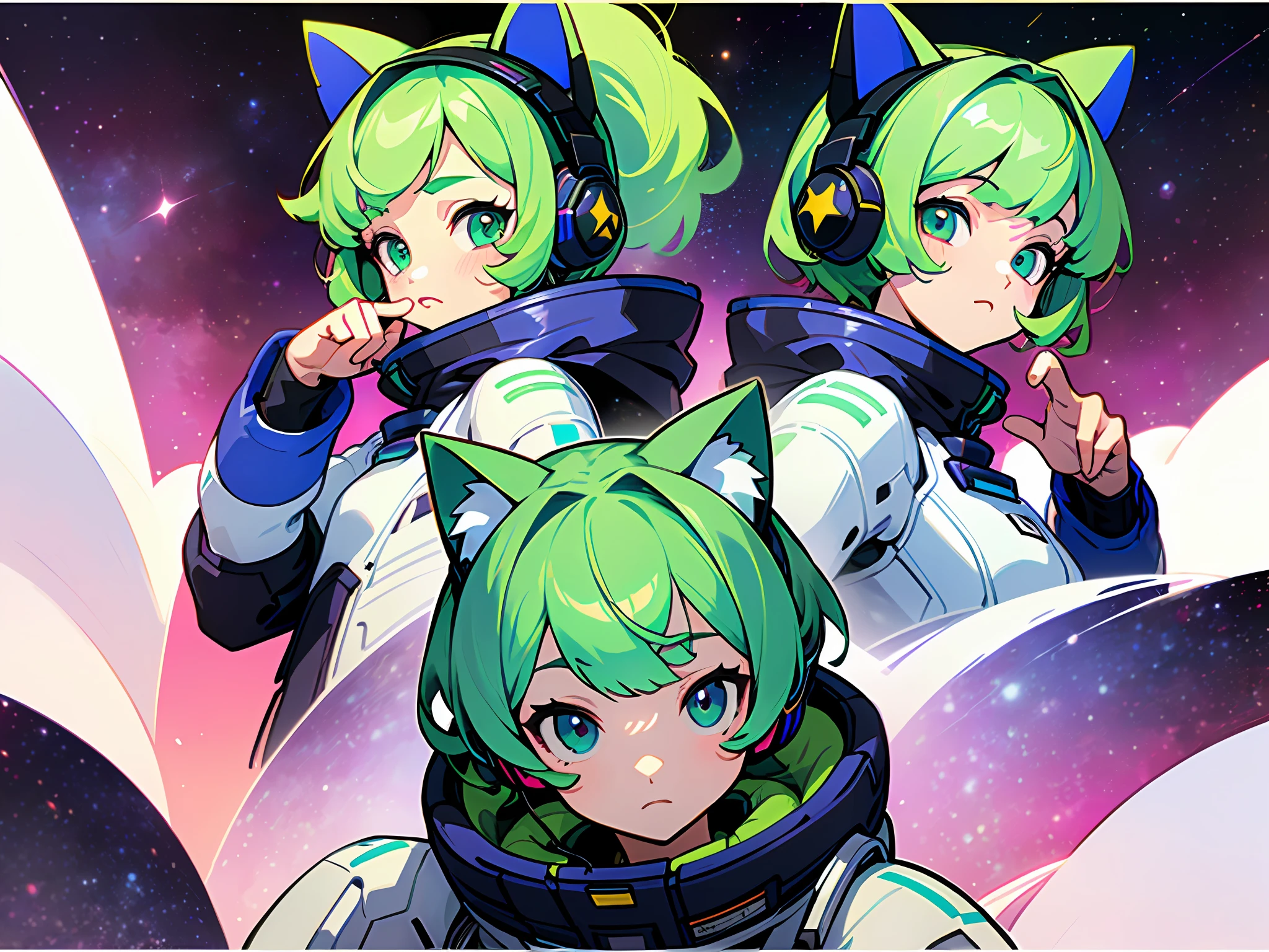 ((masterpiece)), (((best quality))), (character design sheet, same character full body, front, side, back), Illustration, 1 girl, cat ear style headphone, green hair color, bangs, eyes, environment change, pose kota, female, decorted colorful space suits, stars, charturnbetalora, (simple background, white background: 1.3) ,--6