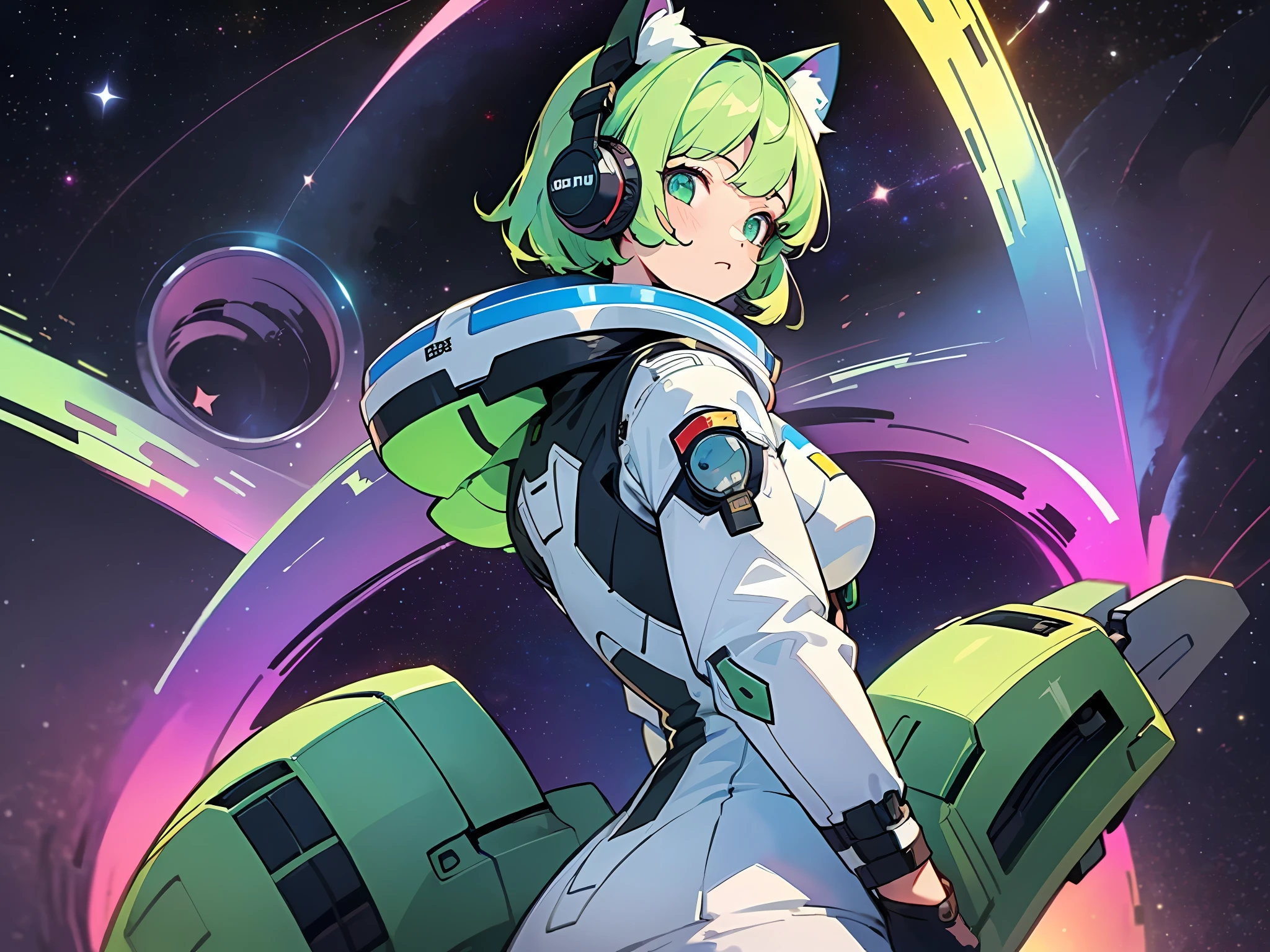 ((masterpiece)), (((best quality))), (character design sheet, same character full body, front, side, back), Illustration, 1 girl, cat ear style headphone, green hair color, bangs, eyes, environment change, pose kota, female, decorted colorful space suits, stars, charturnbetalora, (simple background, white background: 1.3) ,--6