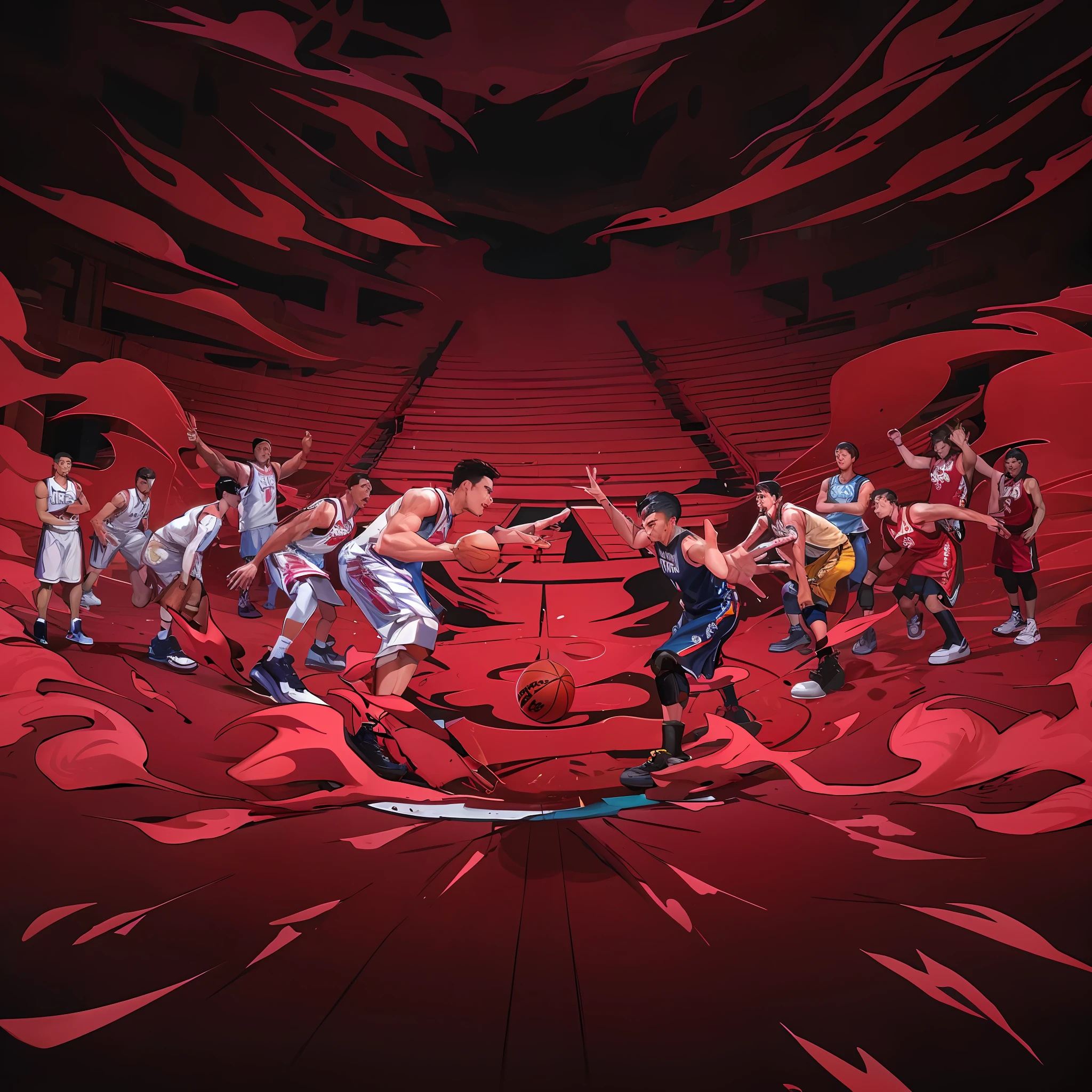 Anime characters on basketball court background with red background, 5 male juvenile art, NBA, notext, scence of slam dunk, hq artwork, official fanart, Game illustration, offcial art, full-colour illustration, by Ni Yuanlu, promotional art, Official artwork, jen bartel, Fan art, editorialillustrations, author：Yoshihiko Wada, Official illustration, author：Eddie Mendoza，Cartoon basketball game close-up，The players are on the field，The cover of the game，official art works，New video game cover，game promotional poster，Slam Dunk scene，Chinese bean tooth style，hip hop vaporwave，Album art，The artistic quality is the best，The scene is full of movement，The player dribbled perfectly，Cartoon illustration of a group of young people playing basketball in the city,The basketball scene is full of action，Basketball player dribbling，Album art, Game cover art，Official artwork, highly details，The environment is realistic，Comic book style，Sports field details，exquisite face，A moving image masterpiece，独奏，best qualityer，，Young adults，game promotional poster,Sports field details,tall muscular，Comic book style，Close-up of moving image cartoon basketball game,Handsome，Elaborate Eyes，Complicated details，basketball suit，shorter pants，athletic sneakers，disheveled brown hair，medium lenght hair，Intricate patterns，Optimal light and shadows，Mottled sunlight，Slam Dunk scene，In the daytime，depth of fields，夏天，Colorful，Artistically，depth of fields