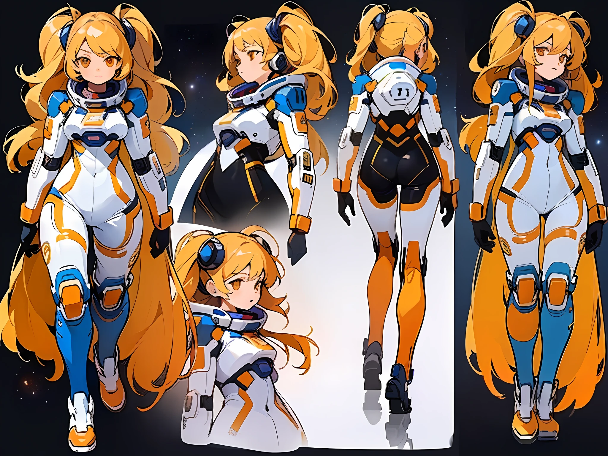 ((masterpiece)), (((best quality))), (character design sheet, same character full body, front, side, back), Illustration, 1 girl, dancer, orange messy long hair,slanted eyes, environment change, pose kota, female, decorted colorful space suits, stars, charturnbetalora, (simple background, white background: 1.3) ,--6