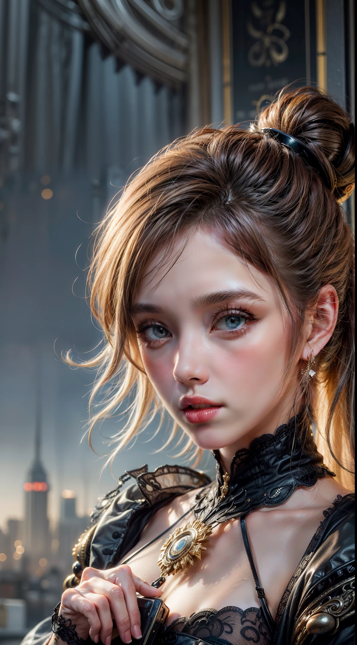 A Beautiful Girl, ultra-detail, master-piece, bestquality, photorealistic portrait, Intricate clothing, Very detail,Blue and orange tones, The environment behind it is the chaos of a fairytale city.. ., Elegant, Steampunk surreal mystery style