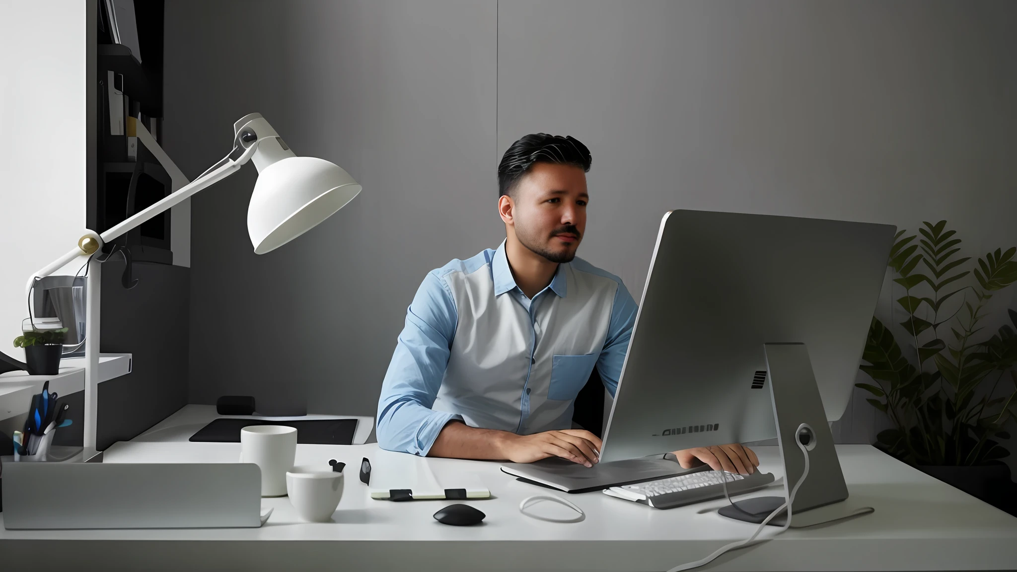 there is a man sitting at a desk with a computer, sentado em um computador, sentado em uma mesa de computador, sentado em frente ao computador, na frente de um computador, codificador criativo com um computador, working in an office, Usando seu PC desktop, imagem profissional, Trabalhando em um laptop em uma mesa, sitting at desk, corte de cabelo baixo.