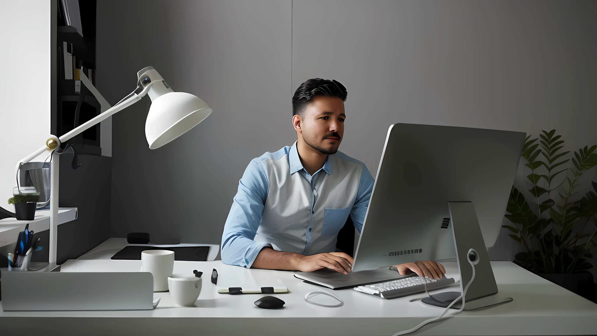 there is a man sitting at a desk with a computer, sentado em um computador, sentado em uma mesa de computador, sentado em frente ao computador, na frente de um computador, codificador criativo com um computador, working in an office, Usando seu PC desktop, imagem profissional, Trabalhando em um laptop em uma mesa, sitting at desk, corte de cabelo baixo.