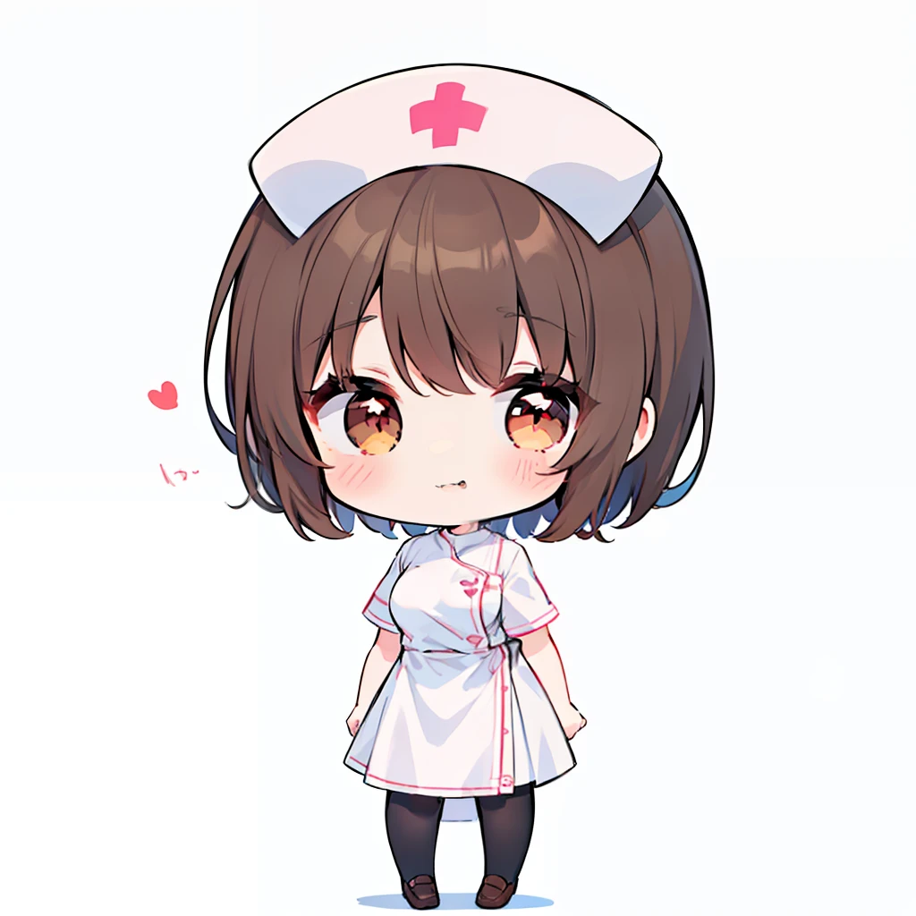 (a very cute and beautiful chibi anime girl), best quality, ultra detailed, 1girl, solo, standing, brown hair, short hair, brown eyes, bangs, medium breasts, ((is wearing white nurse uniform)), stare, white loafer, heart-shaped pupils, looking at viewer, simple flat background