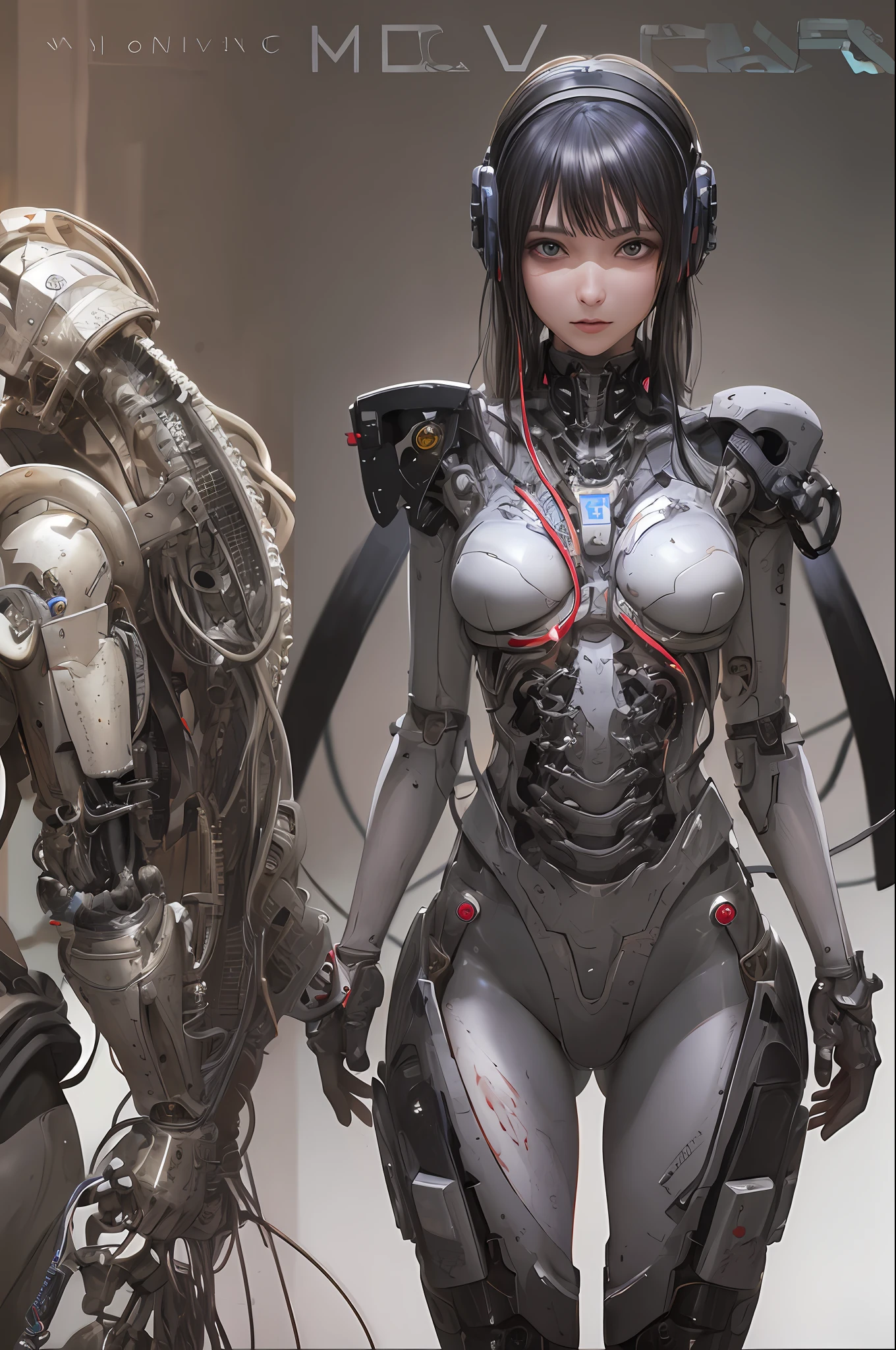 Top Quality, Masterpiece, Ultra High Resolution, (Photorealistic: 1.4), Raw Photo, 1 cyberpunk Girl, Black Hair, Glossy Skin, 1 Mechanical Girl, (Ultra Realistic Detail)), Full body, Global Illumination, Contrast, Shadows, Octane Rendering, 8K, Ultra Sharp, Cleavage Exposed, Raw Skin, Metal, Intricate Ornament Details, Japan Details, Very intricate details, realistic light, CGSoation trend, facing the camera, neon details, mechanical limbs, blood vessels connected to the tube, mechanical vertebrae attached to the back, mechanical cervical attachment to the neck, wires and cables connecting to the head, gundam, small LED lamps.
