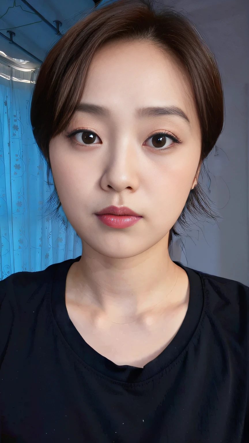 There was a woman in a black shirt and blue curtains, 2 8 years old,  Korean symmetrical face,  Asian face, soft eyes and narrow chin，cartoon image --auto