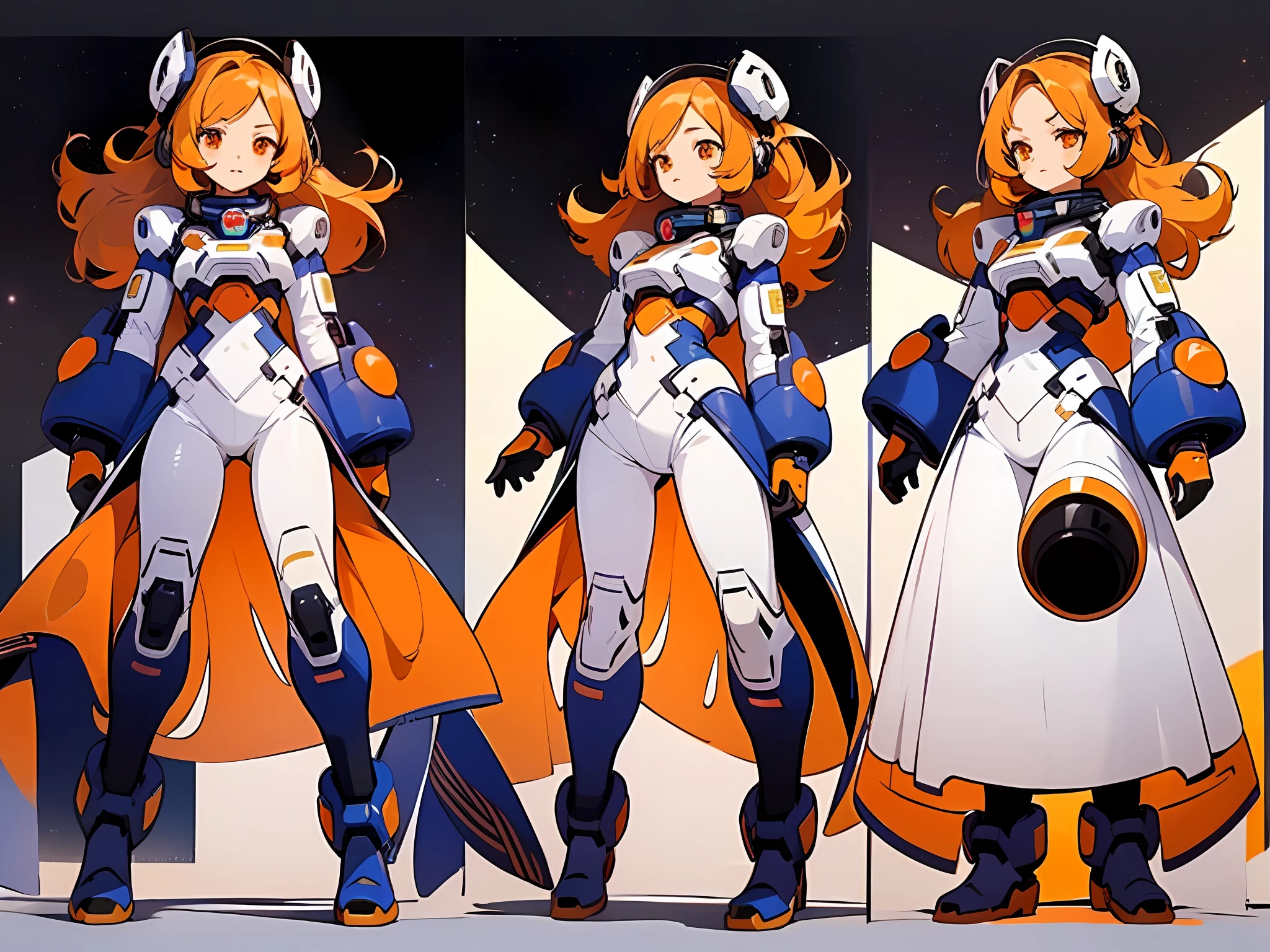 ((masterpiece)), (((best quality))), (character design sheet, same character full body, front, side, back), Illustration, 1 girl, dancer,red orange messy long hair,slanted eyes, environment change, pose kota, female, decorted colorful space suits, stars, charturnbetalora, (simple background, white background: 1.3) ,--6