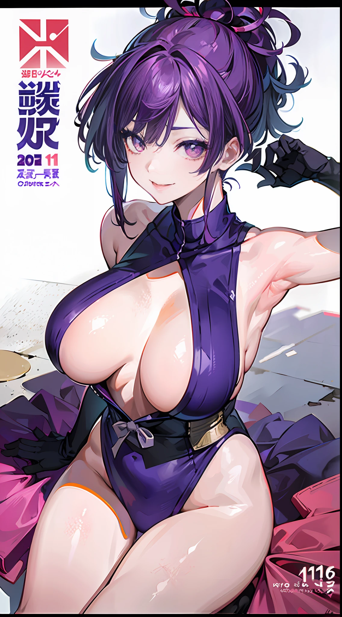 Dutch angle, Perspective, Fuji colors, Vignetting, A high resolution, Anatomically correct,(MagazineCover:1.7),((Wuxia magazine cover:1.4)),(Cartoon comics:1.4),(Original:1.2),tmasterpiece,best qualityer,8K raw data,16k,Beautiful clean face,full bodyesbian,1womanl,Female ninja,Purple colored hair,Purple ninja suit,shurikens,Be red in the face,Pursed his lips and smiled,Large breasts,鎖骨,Conservative clothing,Breasts are not visible,Black mesh sock gloves
