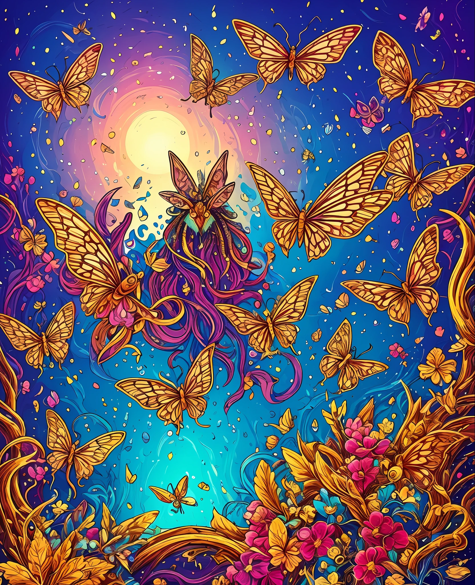 (in dripping art style) Fjyron, The Ancestor Moths that accompany some mystically-attuned mortals are more than mere insects - they are animated by the loving spirits of the dearly departed, and may grant wisdom and awareness to those they visit., dripping gold sparkle magic, Masterpiece, Best Quality