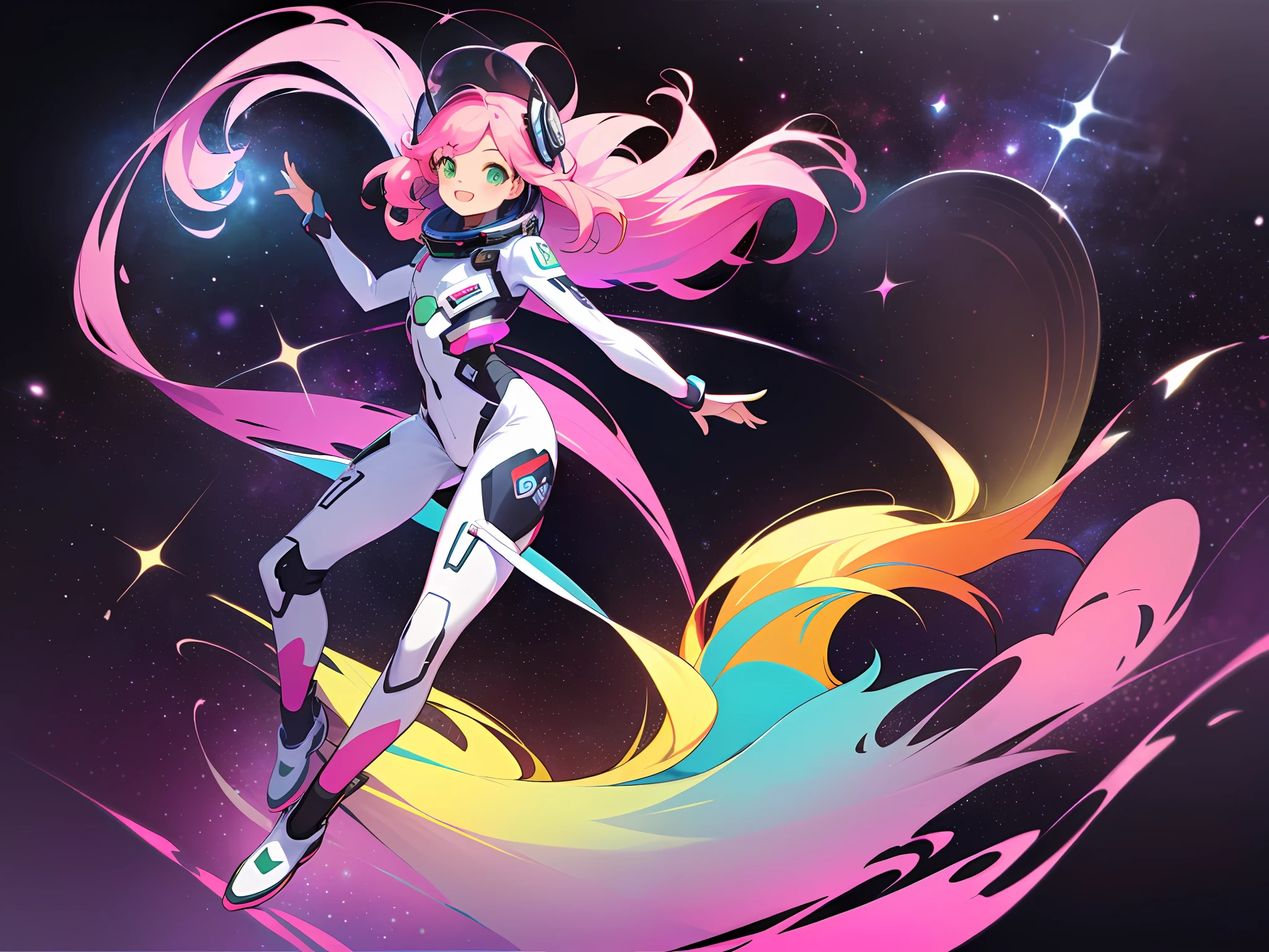((masterpiece)), (((best quality))), (character design sheet, same character full body, front, side, back), Illustration,happy face, 1 girl, pink long hair, green eyes, environment change, pose kota, female, decorted colorful space suits, stars, charturnbetalora, (simple background, white background: 1.3) ,--6