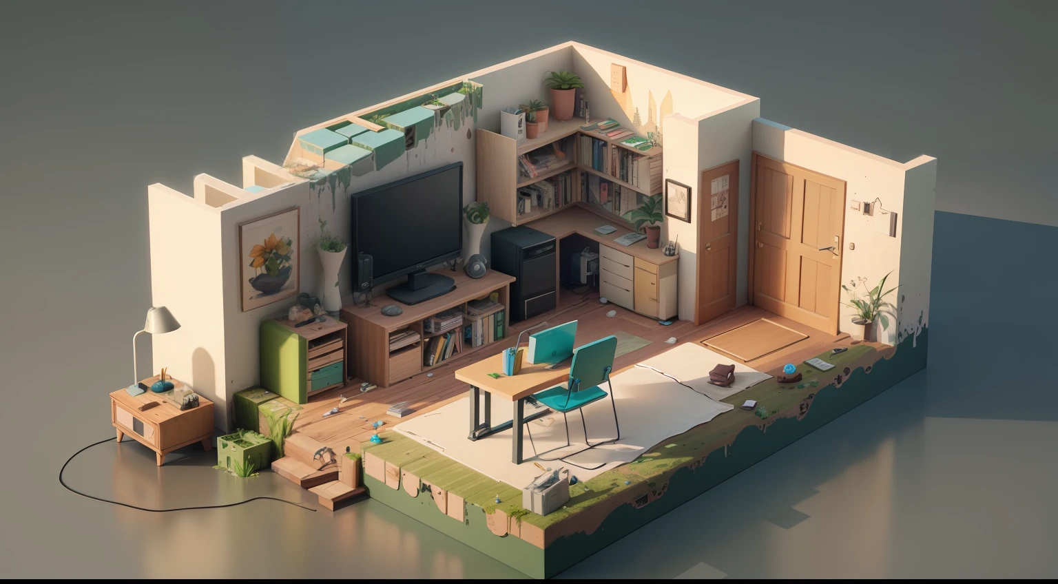 (Isometric perspective:1.5),(Pixar style:1.2), Ruins, Dilapidated beds, broken couch,(Overgrown bonsai:0.8),Rusty desk lamp, powder々TV that became, Faded murals, 3D,by disney,panoramic photo,Devastated background, solidbackground,Global Illumination, Ray traching, modeling,nffsw,Octane Render,Unreal Render,behance,dribbling,art stations,Best Quality, 8K,